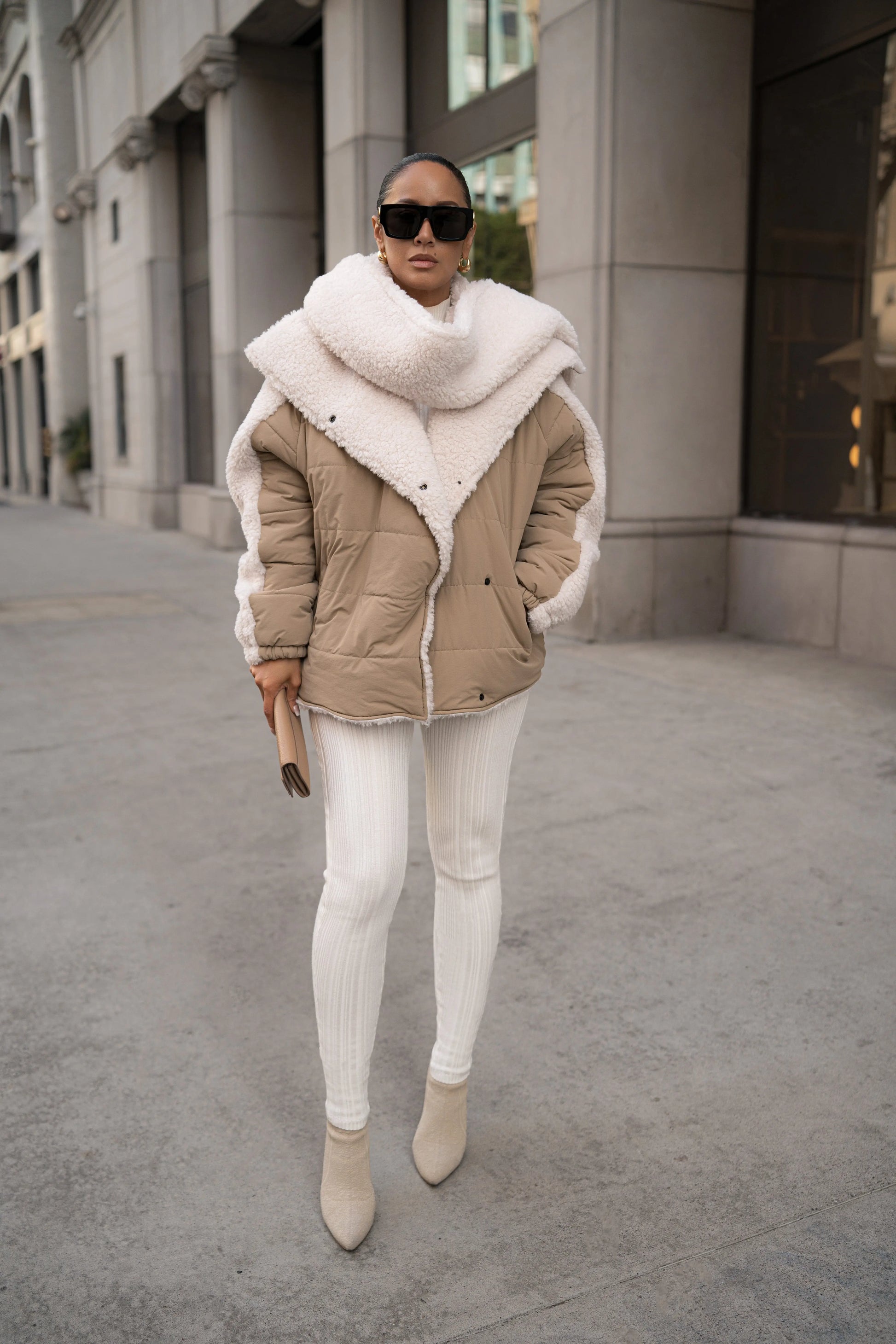 Beige/Ivory Contrast Sherpa Jacket JLUXLABEL