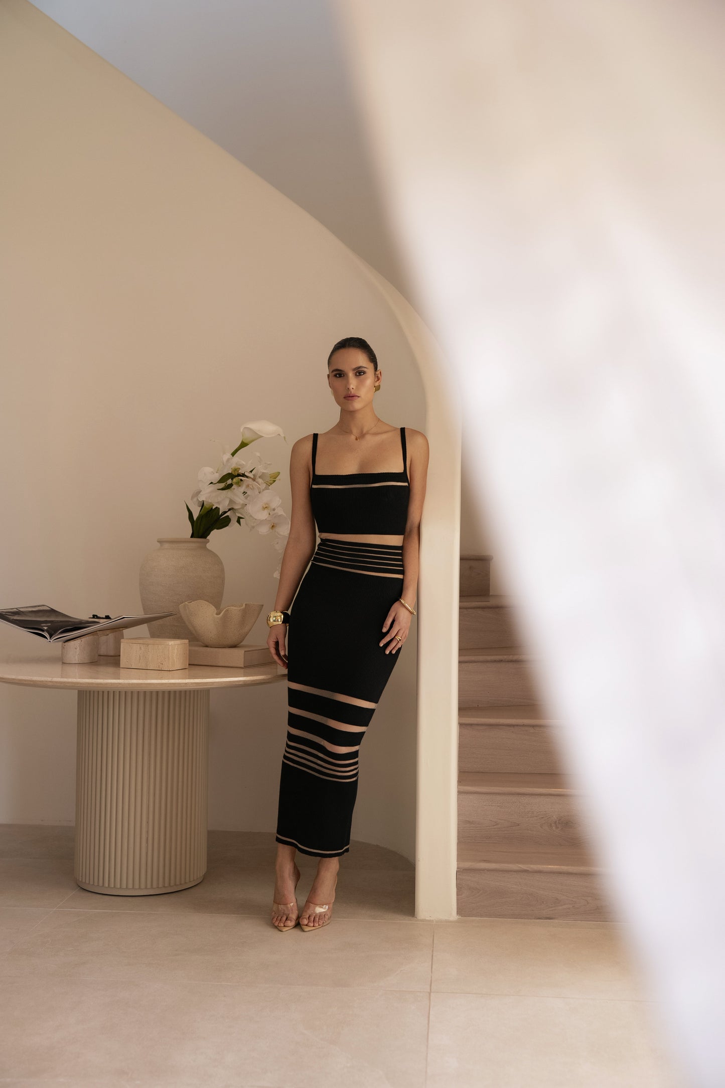 Black Striped Rib Knit Dress JLUXLABEL