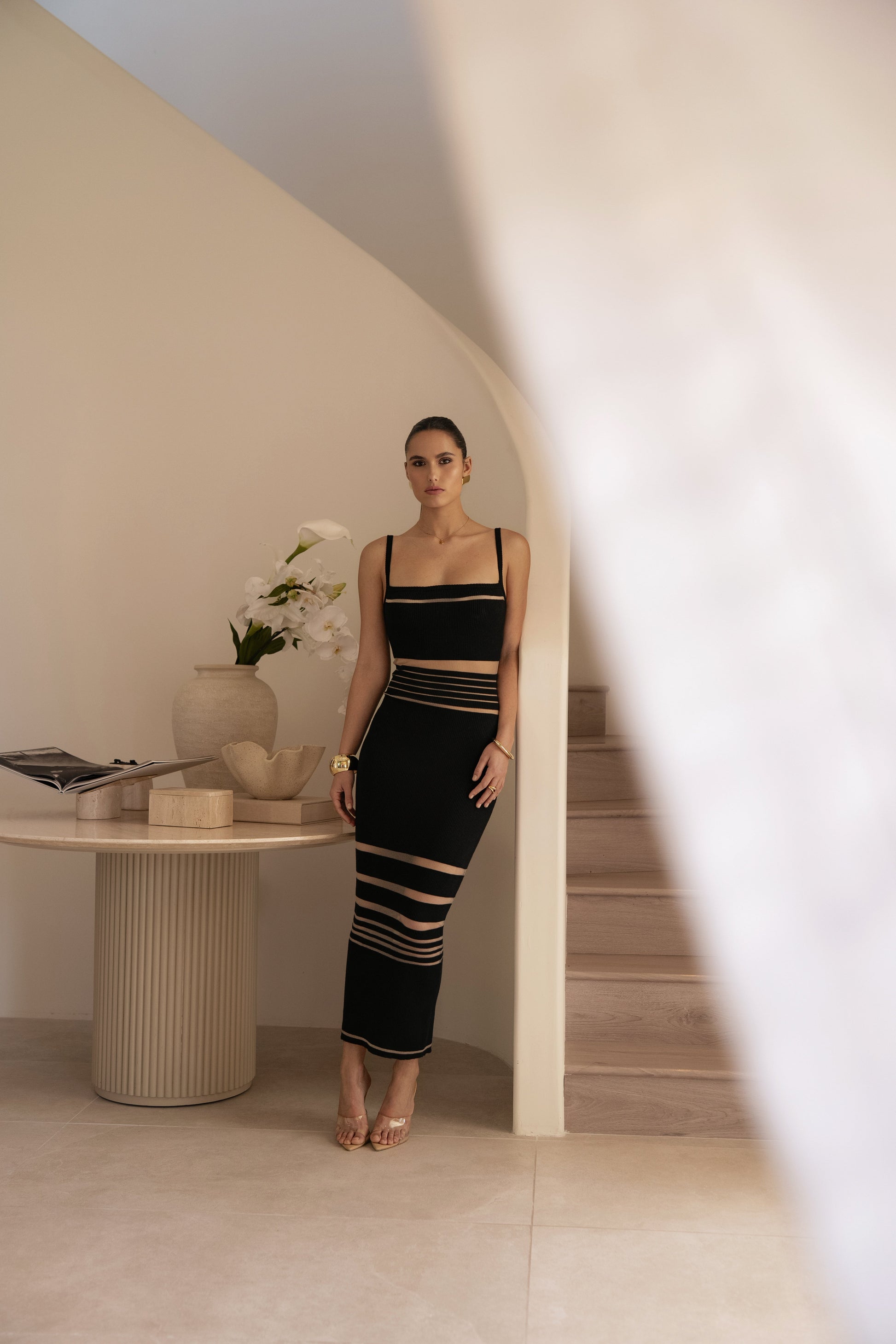 Black Striped Rib Knit Dress JLUXLABEL