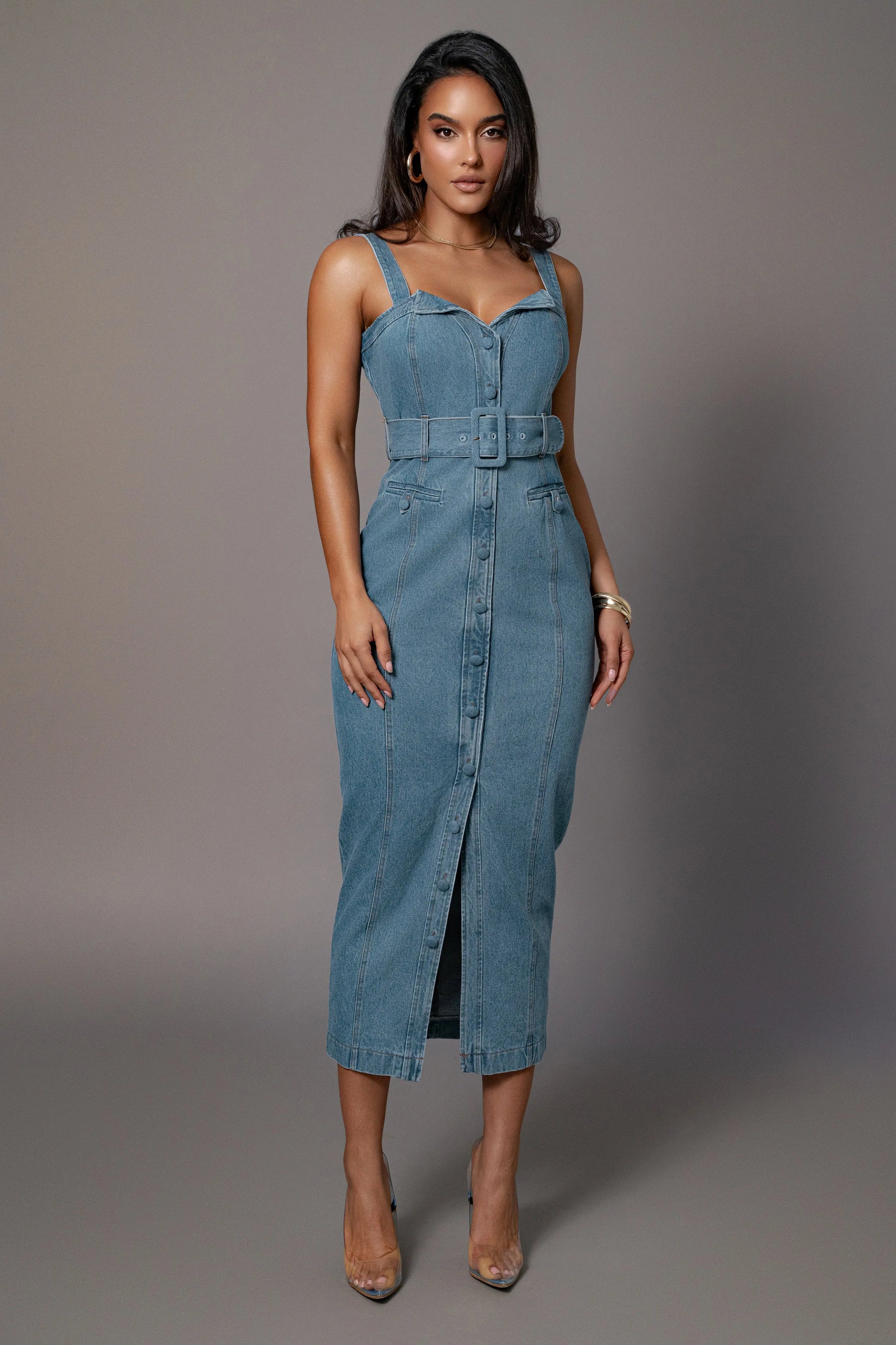 Medium Wash Celene Denim Maxi Dress JLUXLABEL