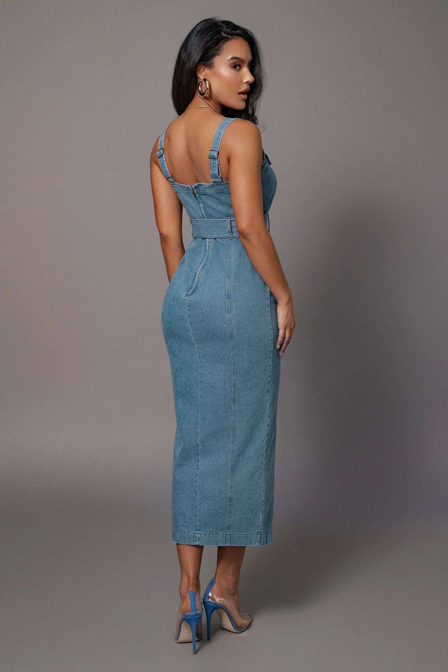 Medium Wash Celene Denim Maxi Dress JLUXLABEL