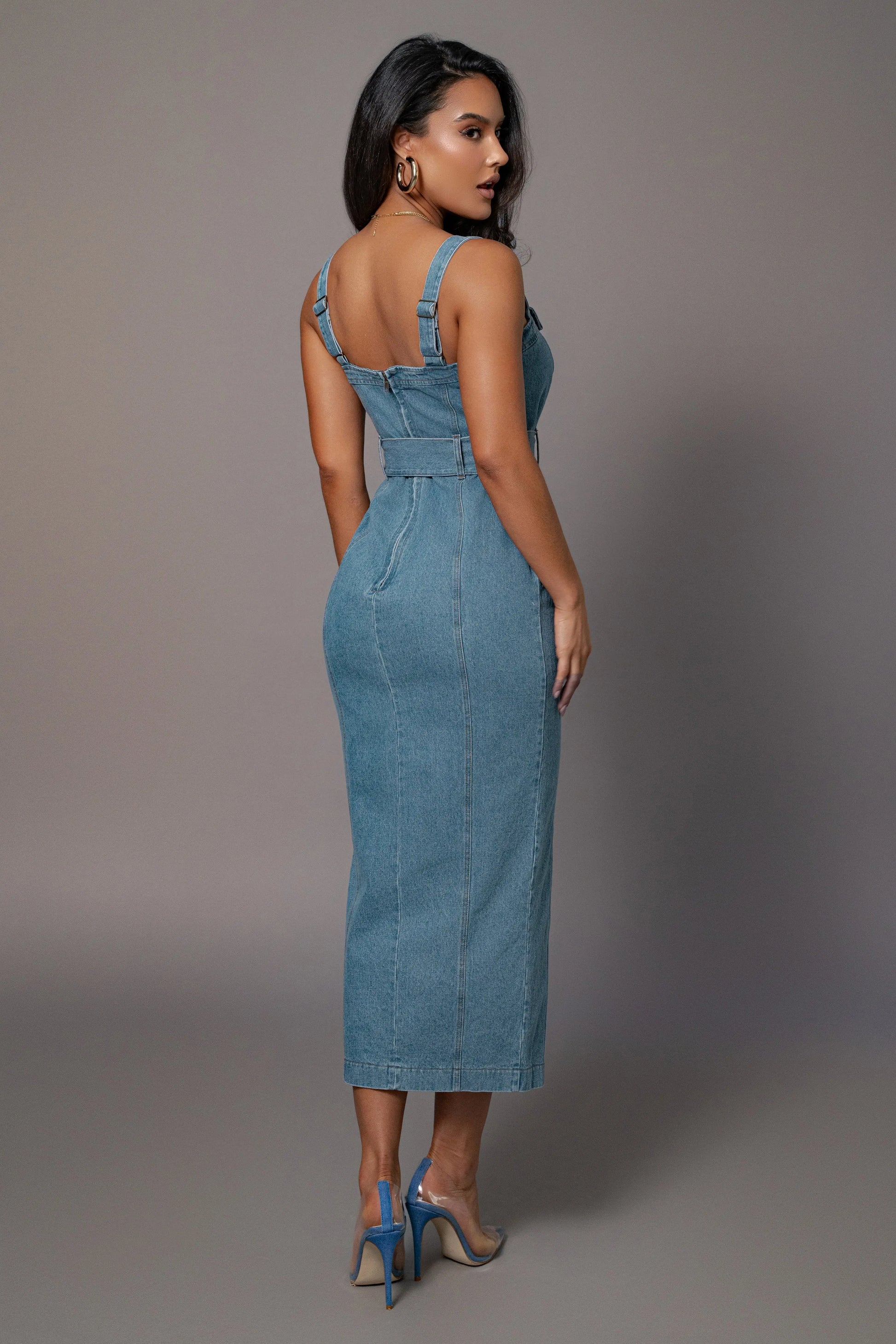 Medium Wash Celene Denim Maxi Dress JLUXLABEL