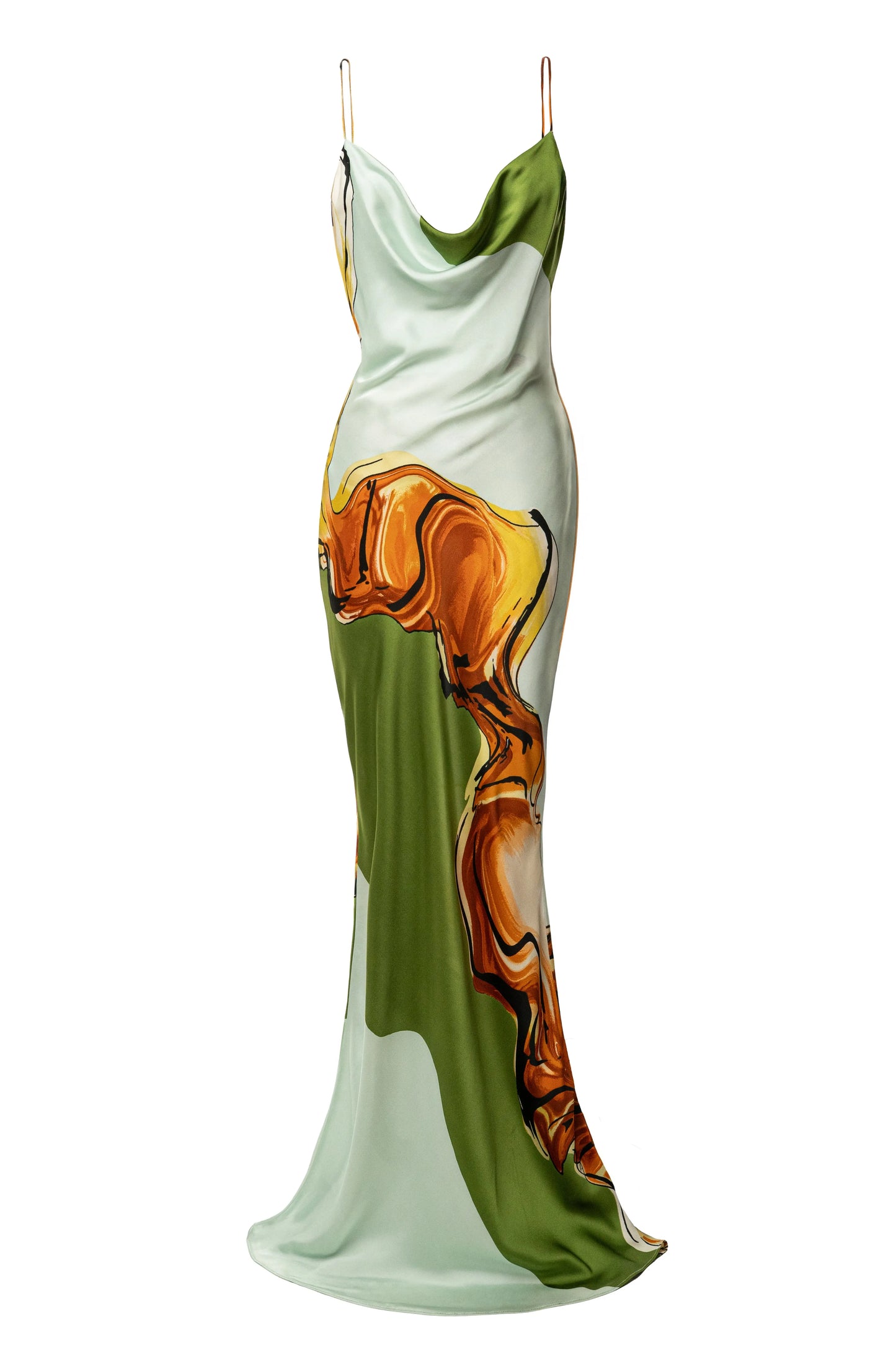 Green Tropical Print Golden Touch Satin Dress JLUXLABEL