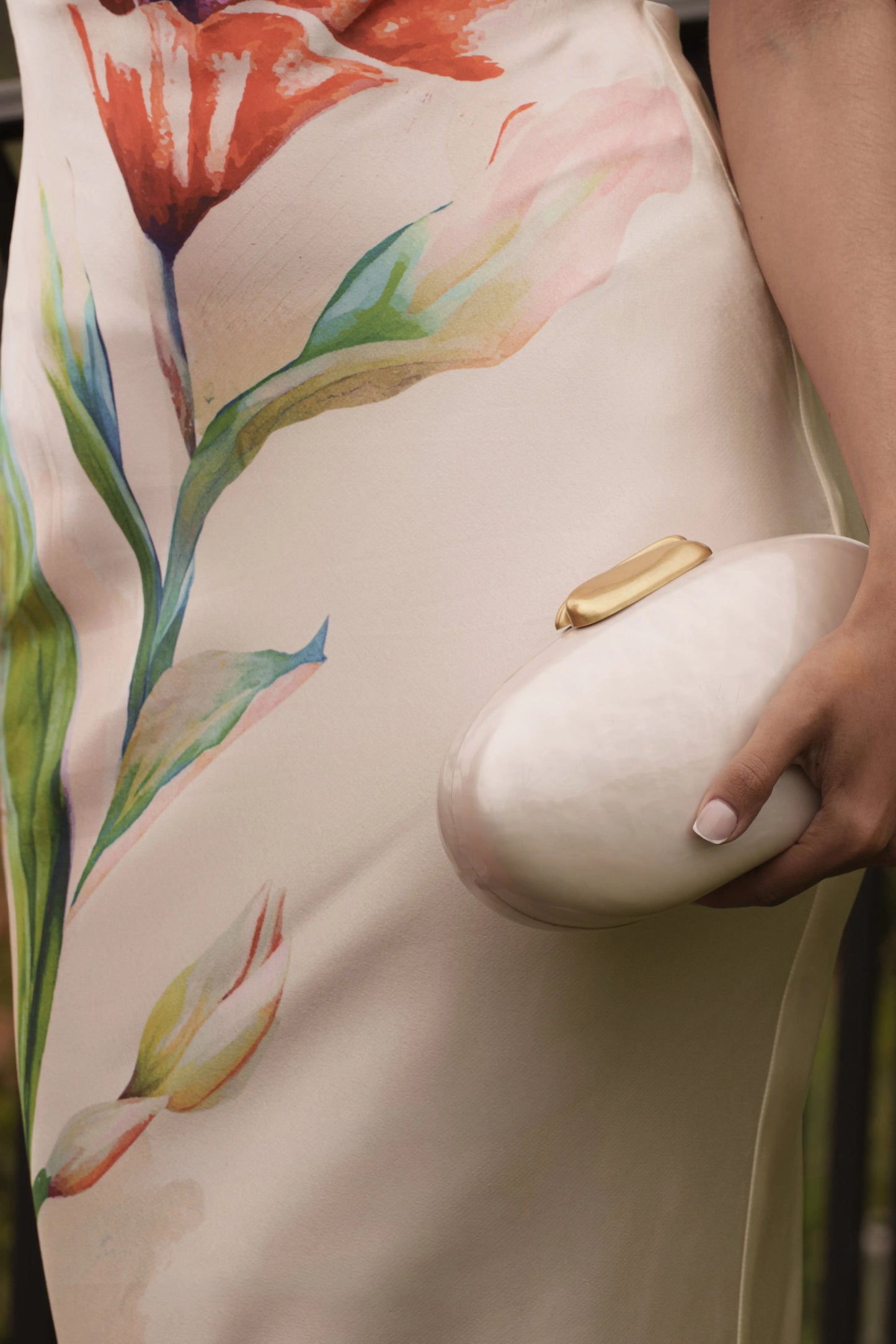 Ivory Satin Floral Print Maxi Dress JLUXLABEL