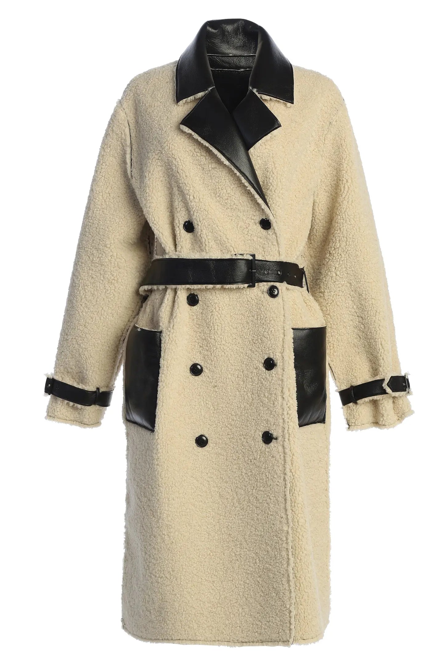 Black/Ivory Sherpa And Faux Leather Coat JLUXLABEL