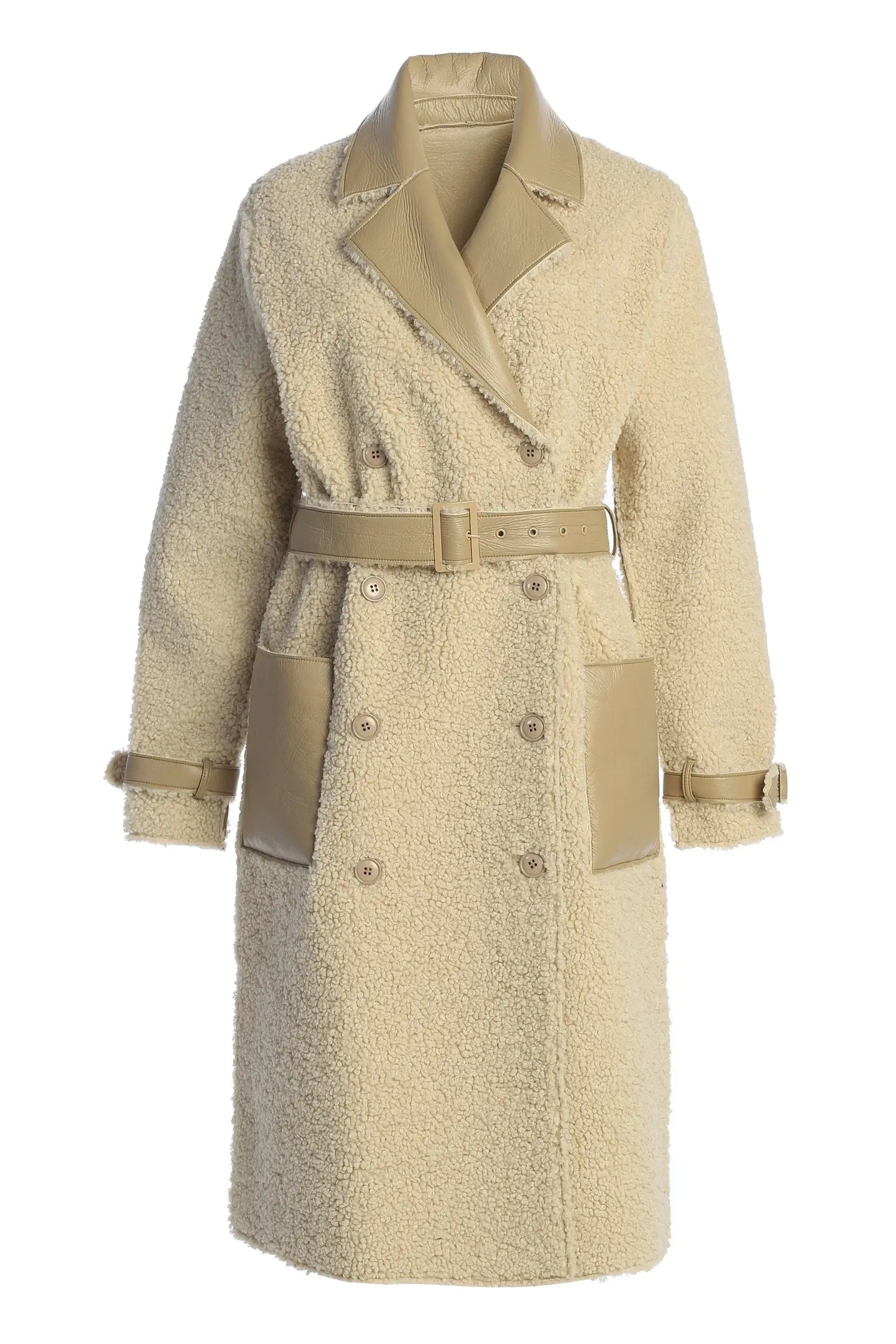 Beige/Ivory Sherpa And Faux Leather Coat JLUXLABEL