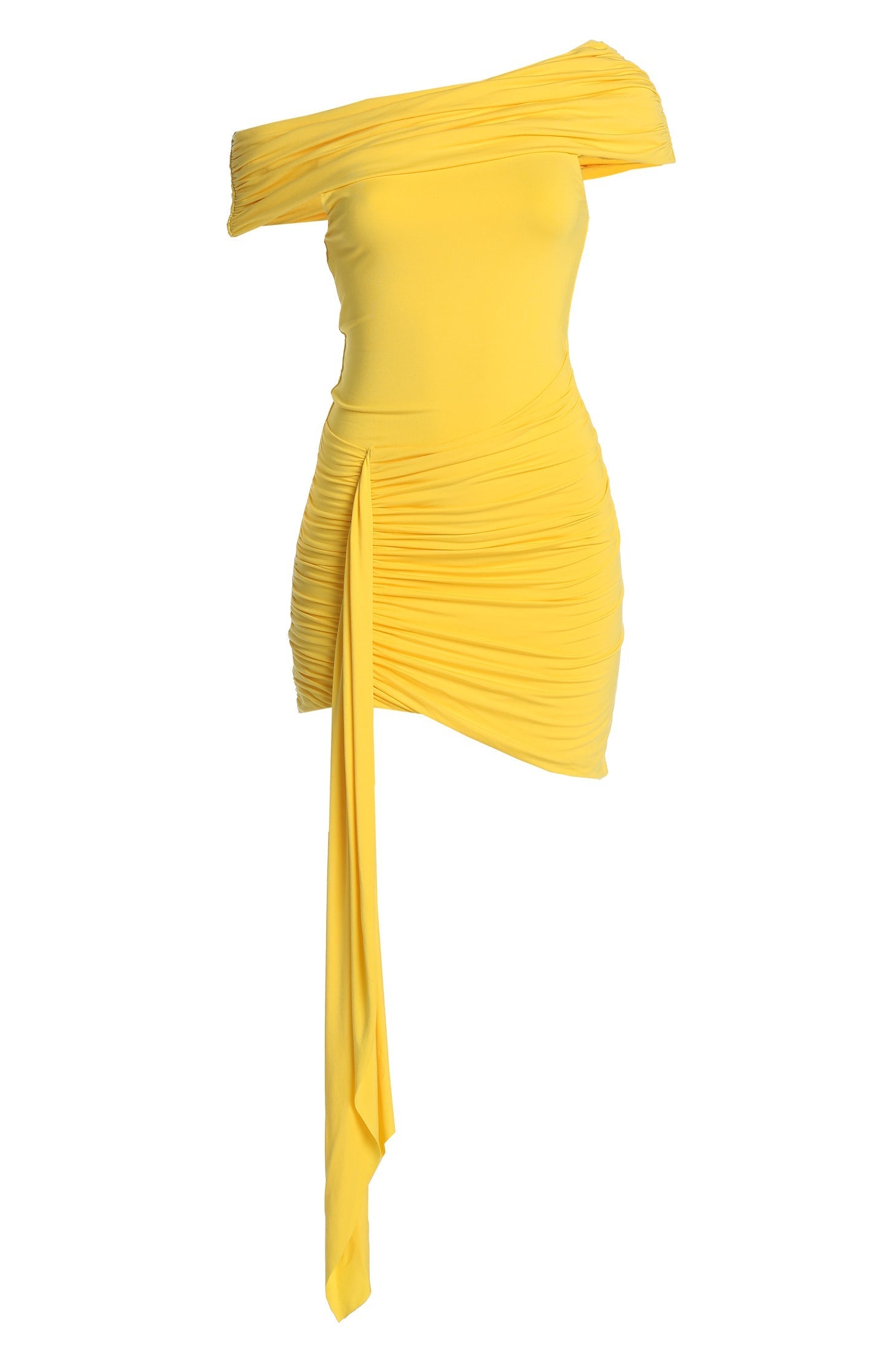 Yellow Off The Shoulder Drape Dress JLUXLABEL