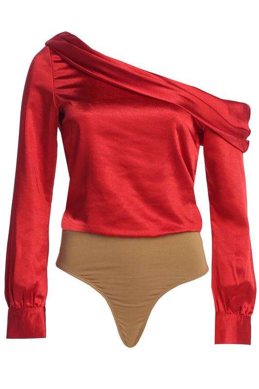 Red Satin Rima Asymmetrical Bodysuit