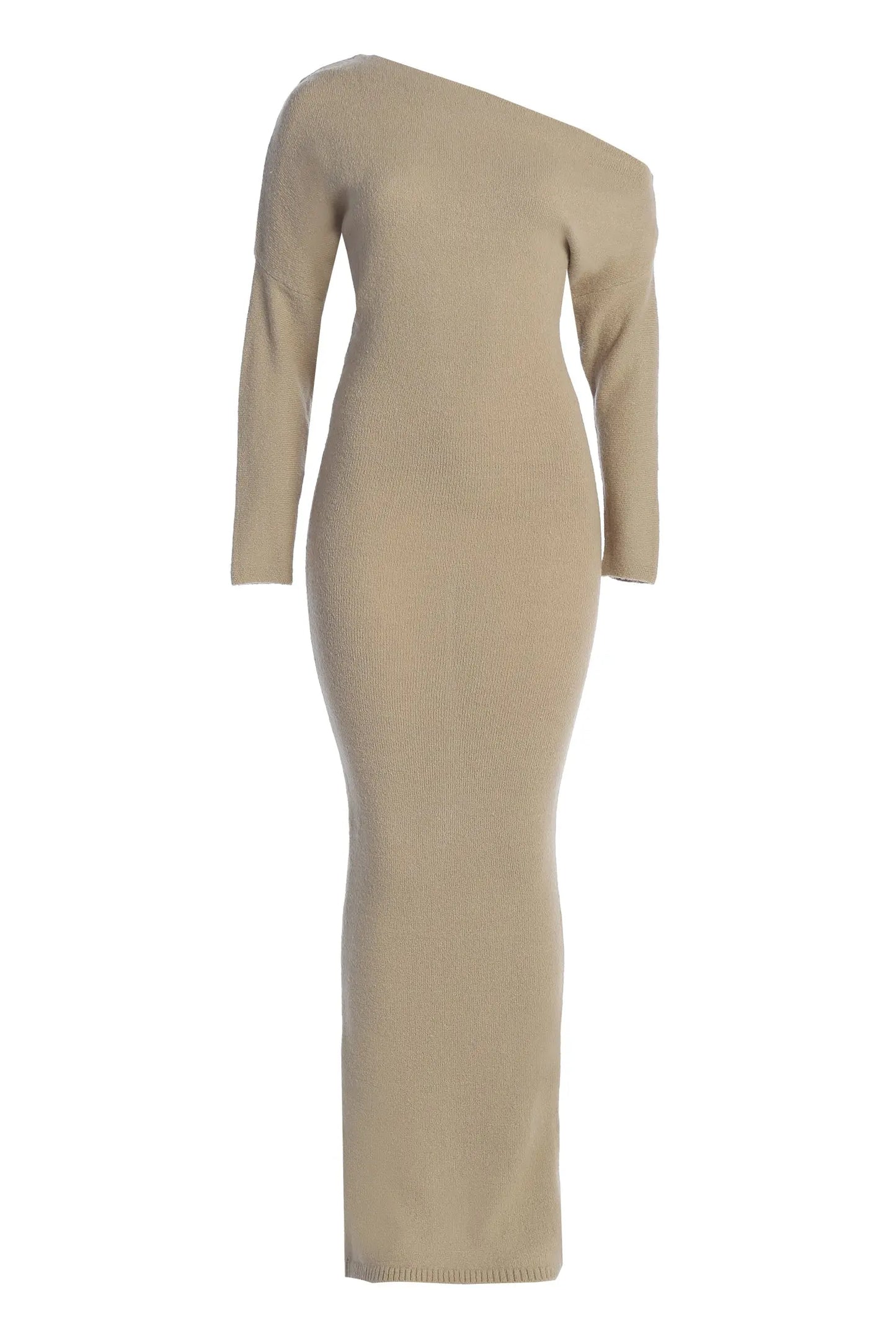 Beige Maddux Asymmetrical Maxi Dress JLUXLABEL