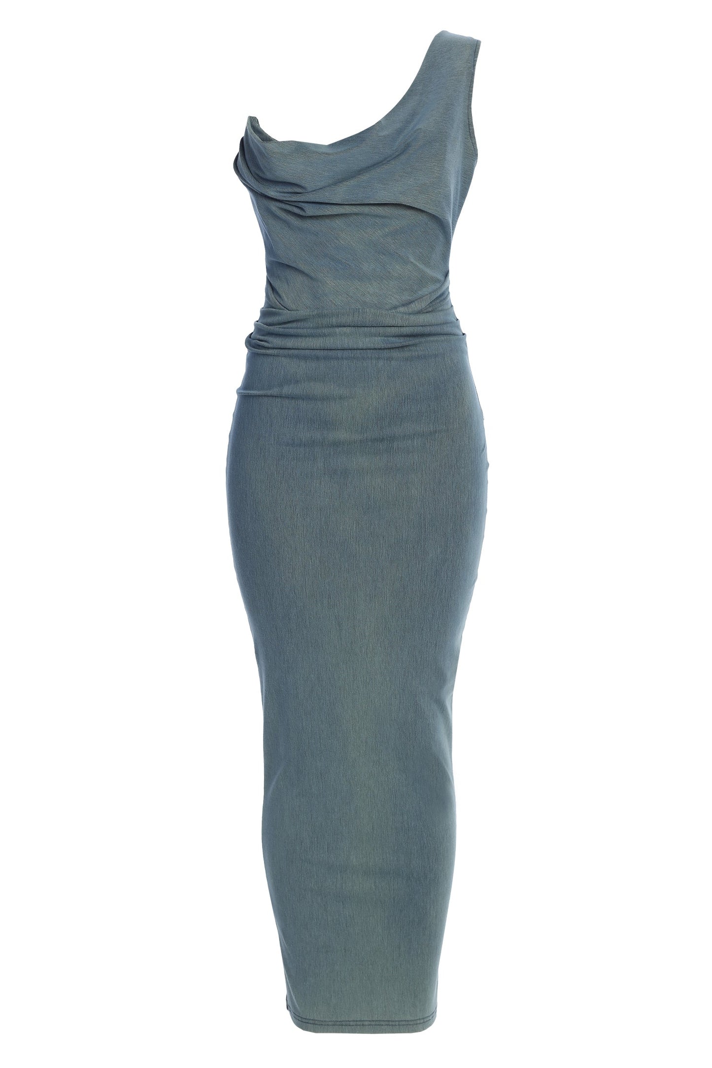 Medium Wash Denim Krishna One Shoulder Maxi Dress JLUXLABEL
