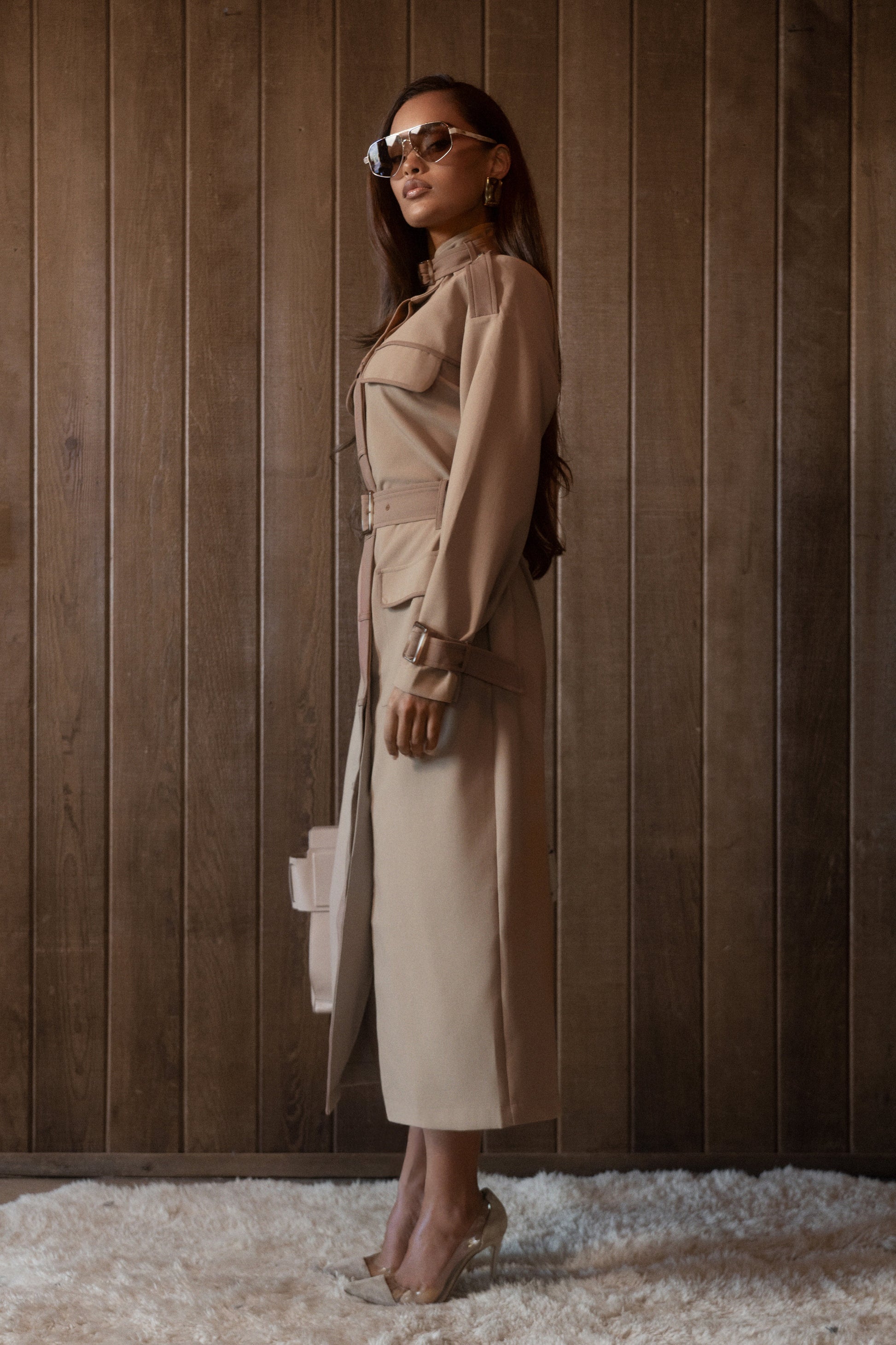 Beige Icon Belted Midi Dress JLUXLABEL