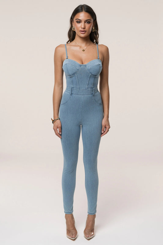 Medium Wash Denim Diya Bustier Jumpsuit JLUXLABEL