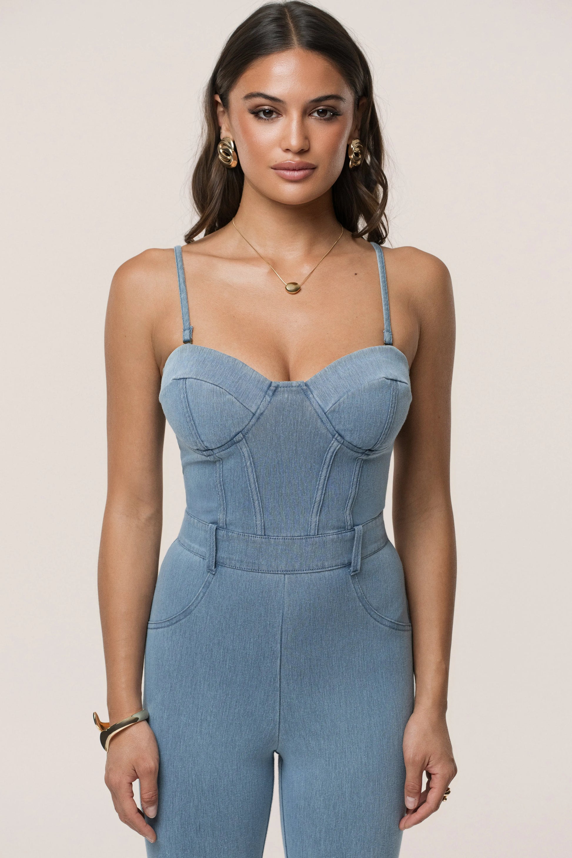 Medium Wash Denim Diya Bustier Jumpsuit JLUXLABEL