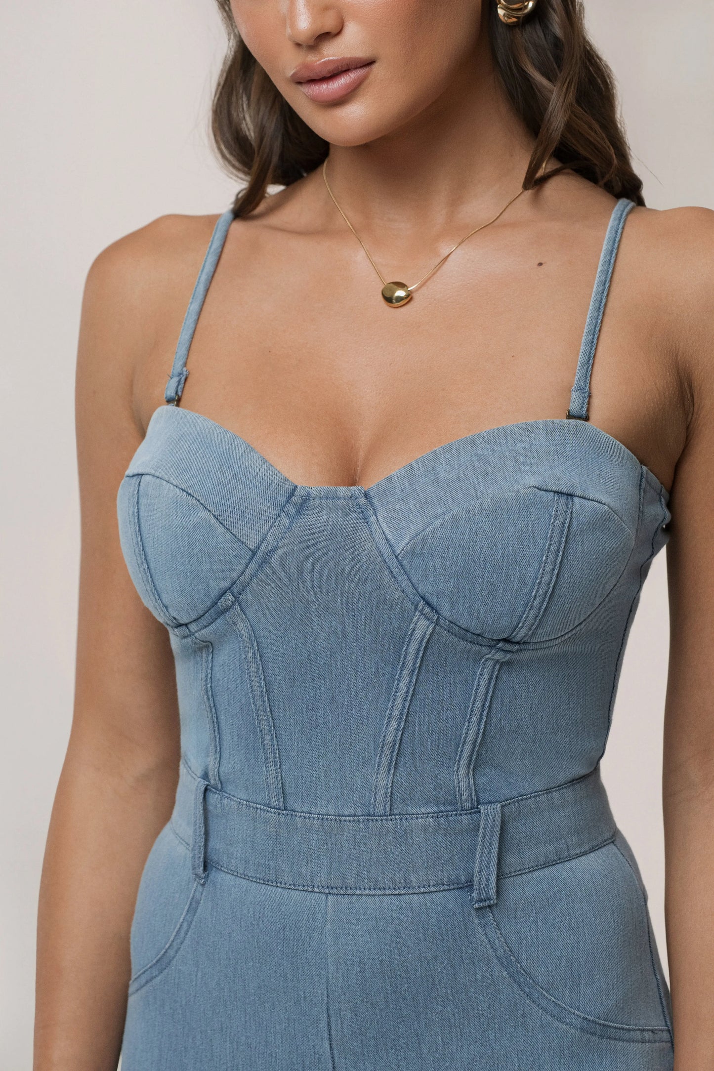 Medium Wash Denim Diya Bustier Jumpsuit JLUXLABEL