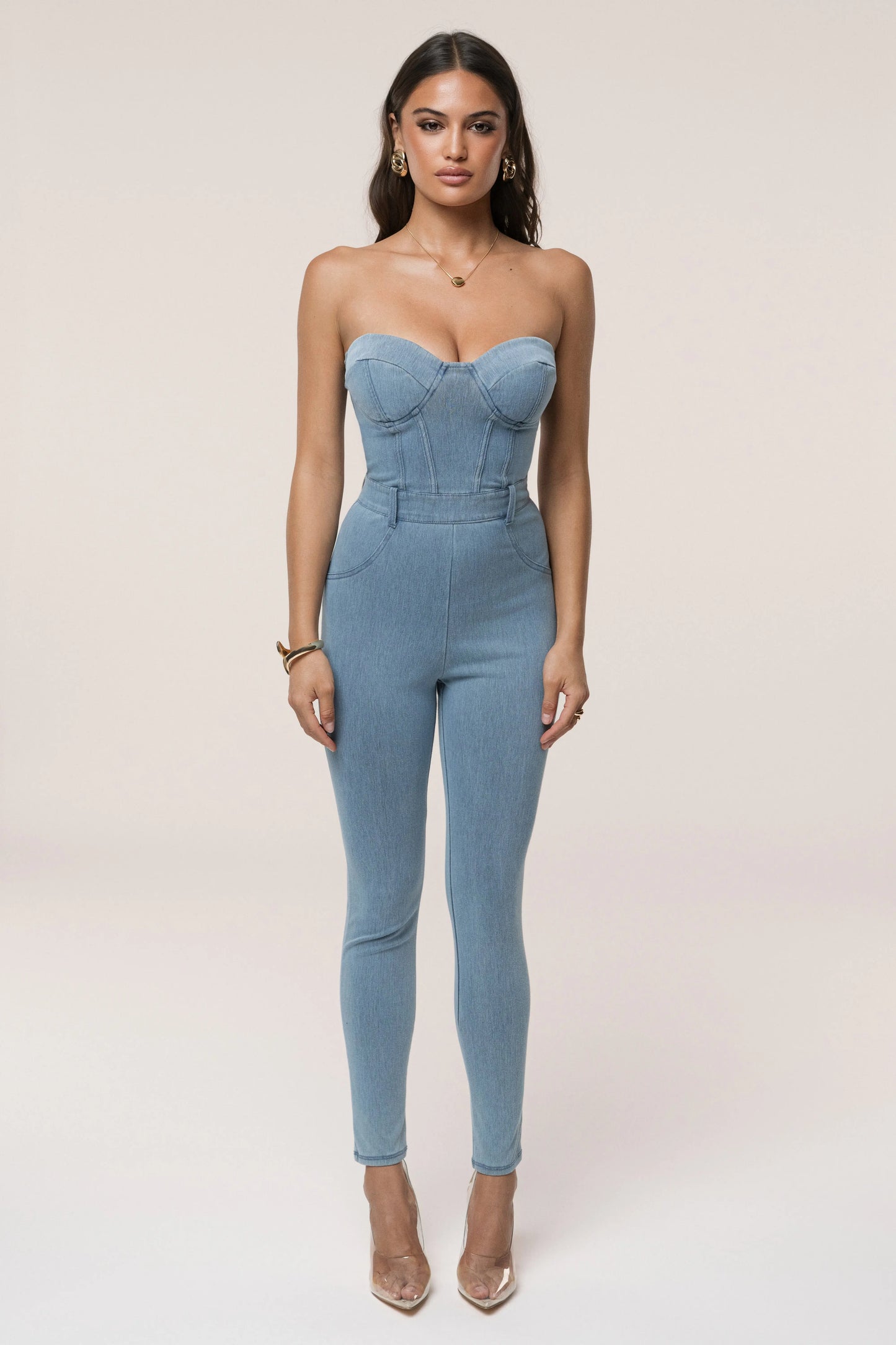 Medium Wash Denim Diya Bustier Jumpsuit JLUXLABEL