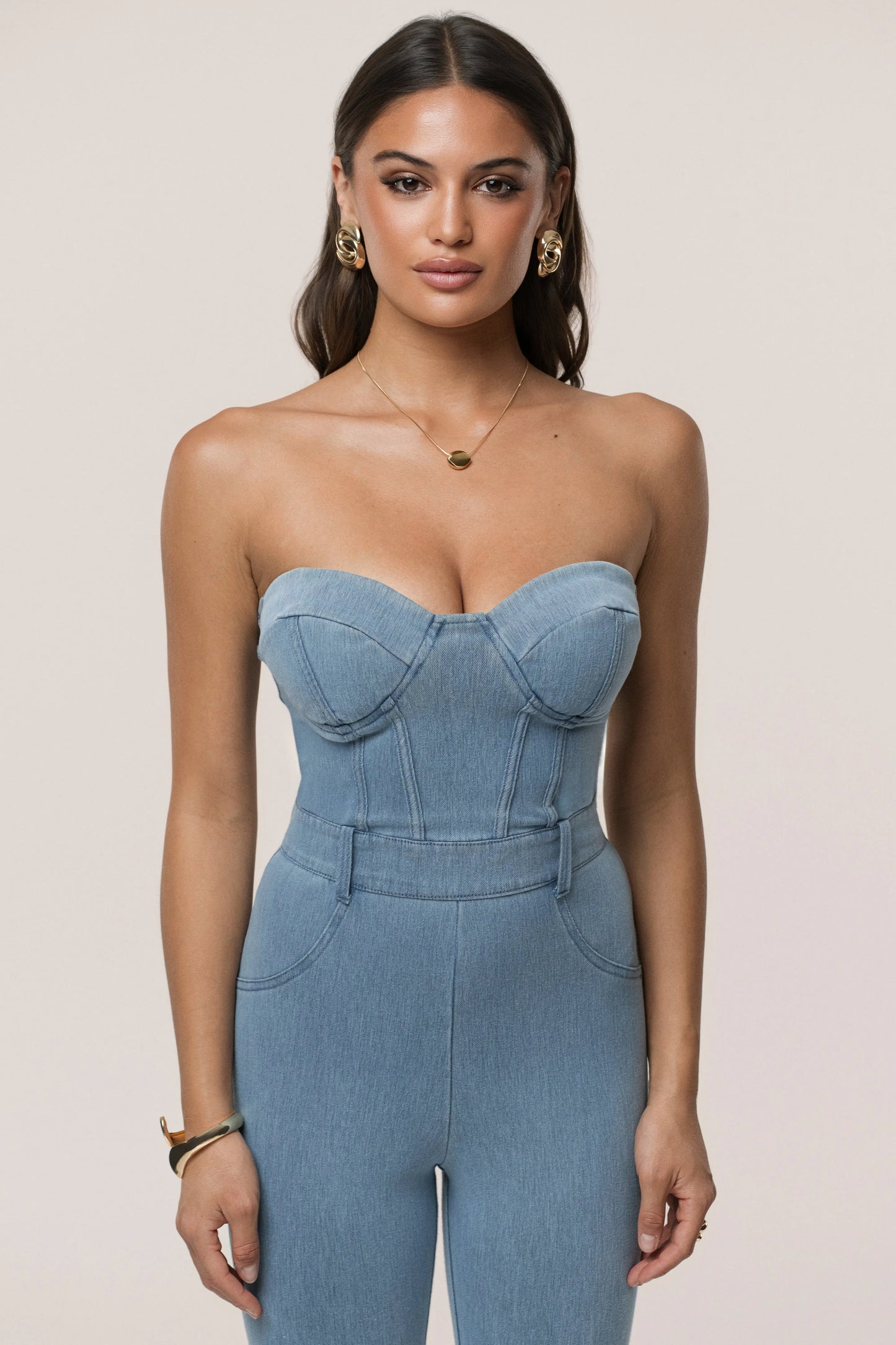 Medium Wash Denim Diya Bustier Jumpsuit JLUXLABEL