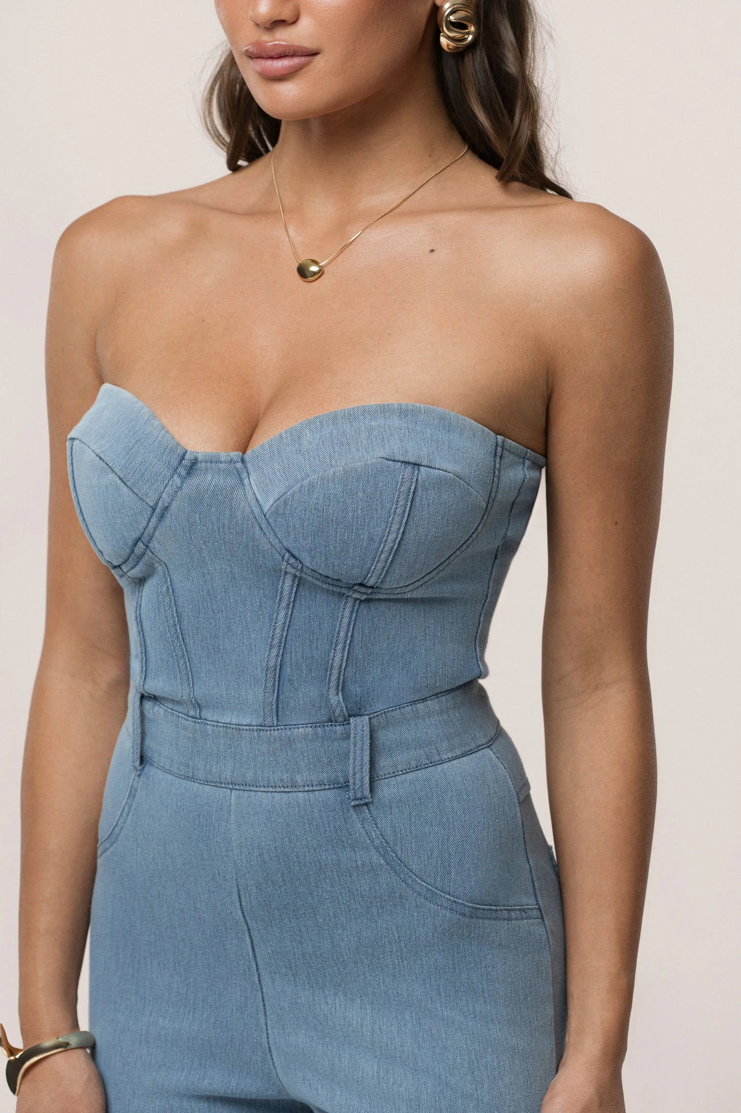Medium Wash Denim Diya Bustier Jumpsuit JLUXLABEL