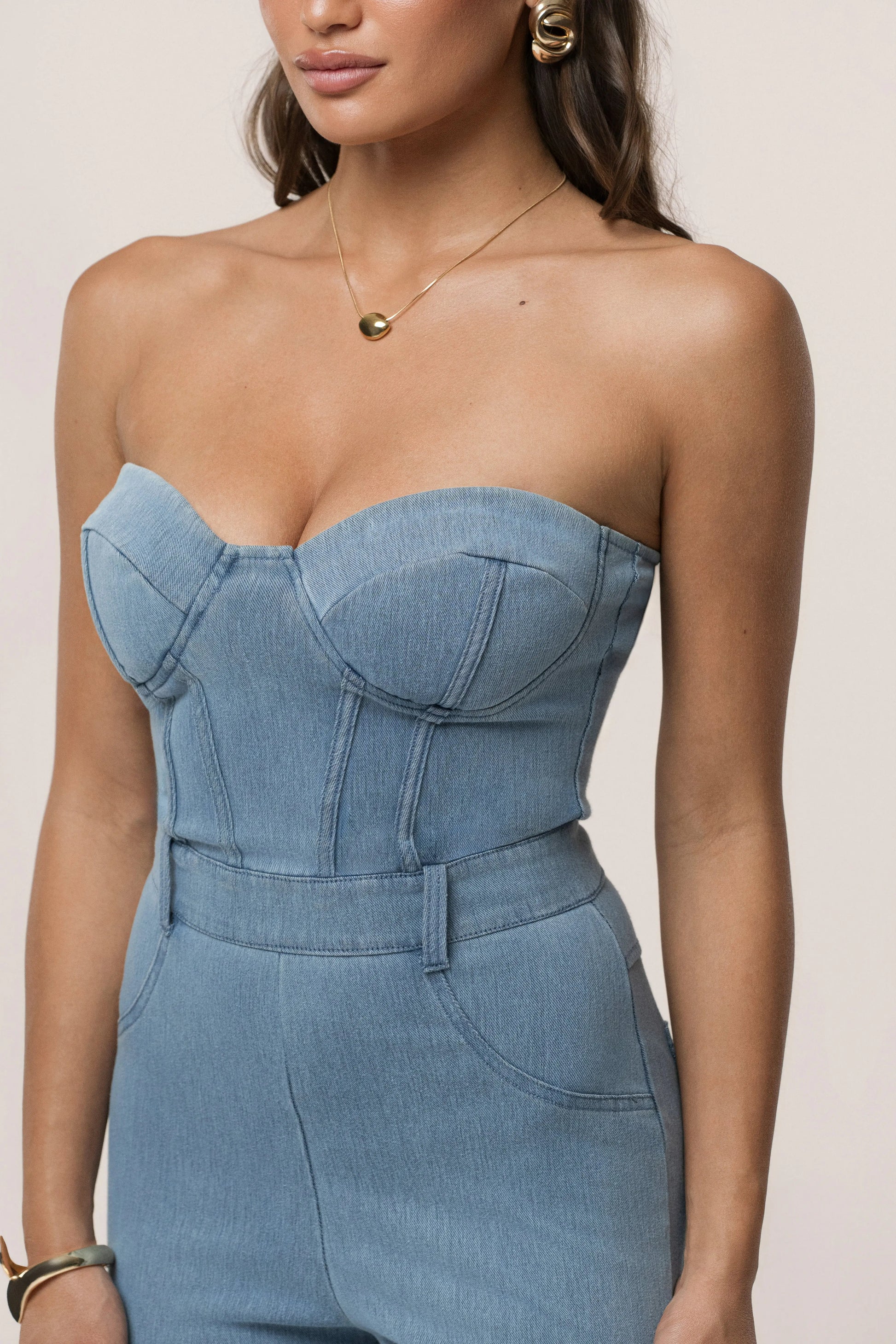Medium Wash Denim Diya Bustier Jumpsuit JLUXLABEL
