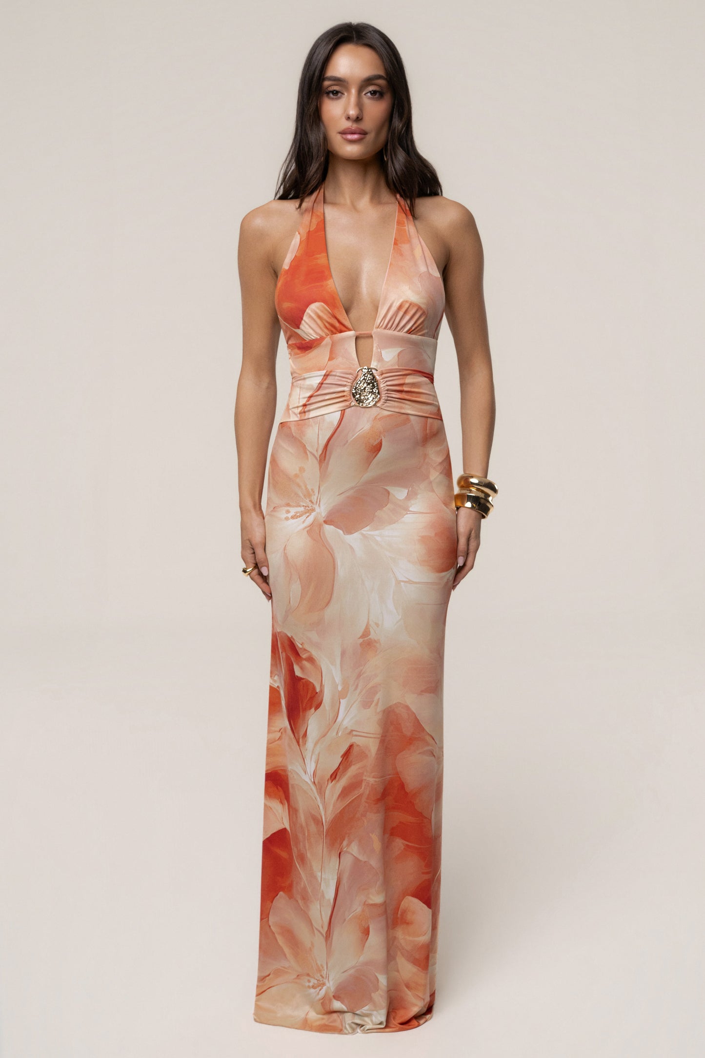 Orange Floral Blossom Print Maxi Dress JLUXLABEL