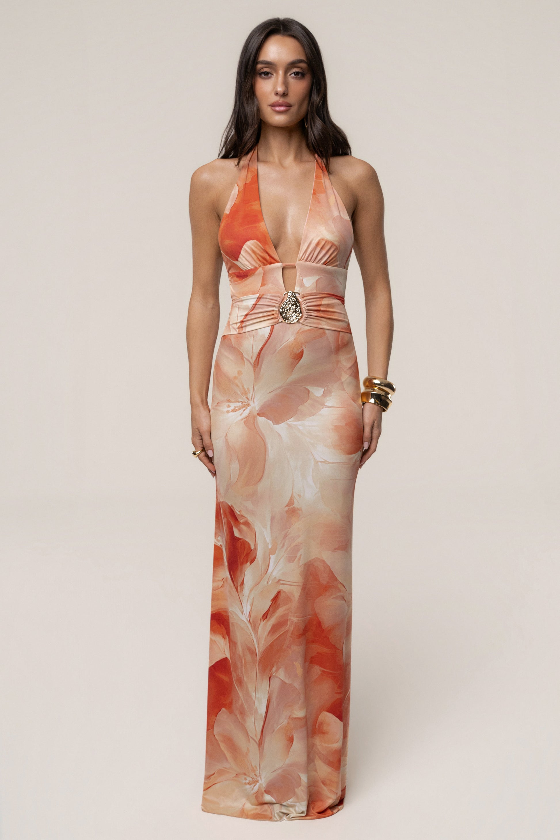 Orange Floral Blossom Print Maxi Dress JLUXLABEL