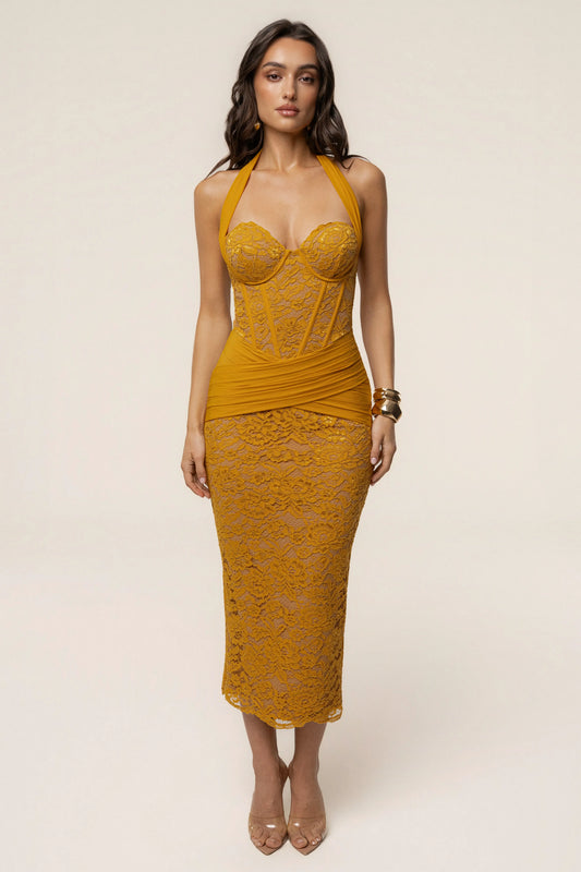 PRE-ORDER Yellow Royal Romance Halter Dress JLUXLABEL