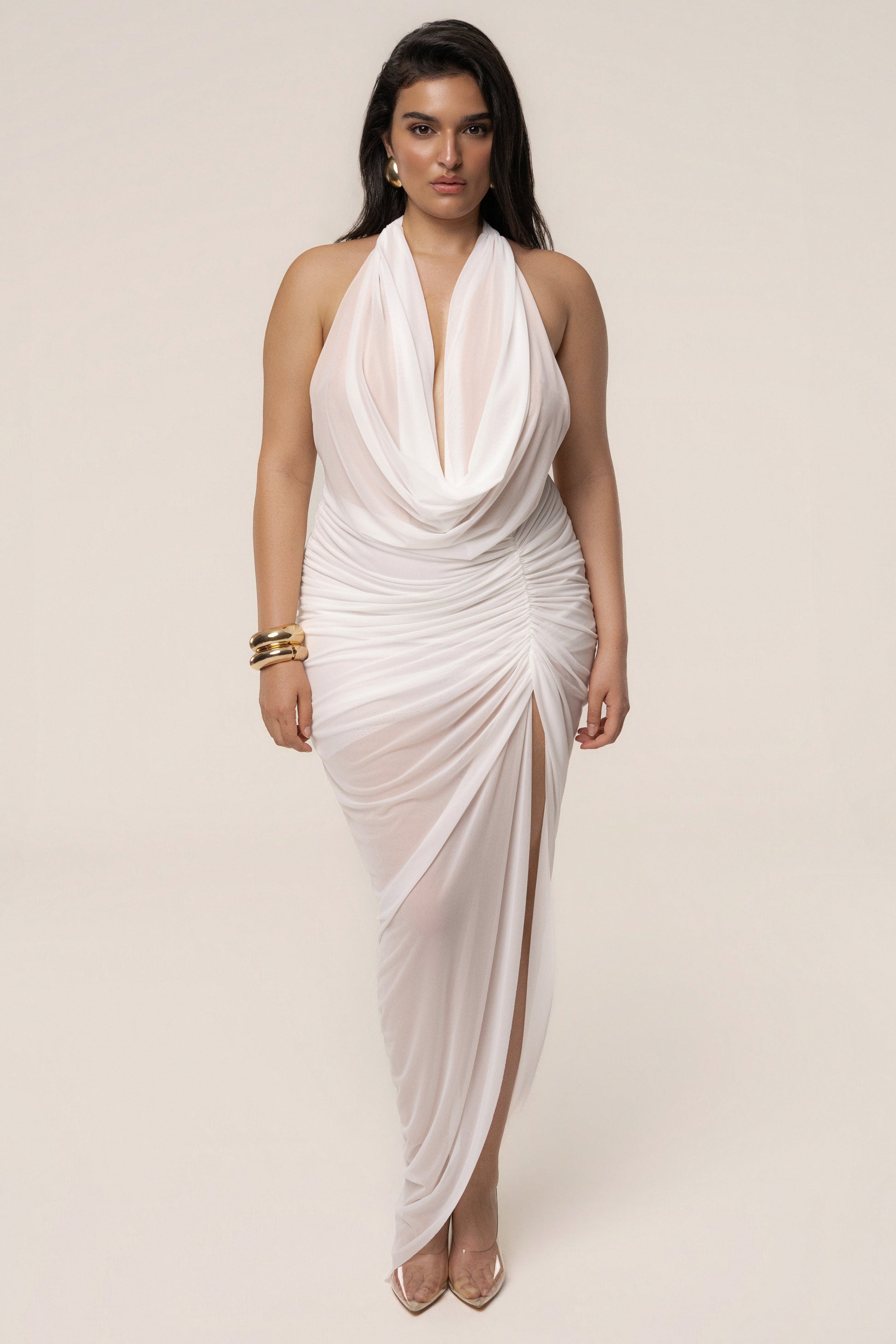 White Ariana Plunge Halter Dress JLUXLABEL