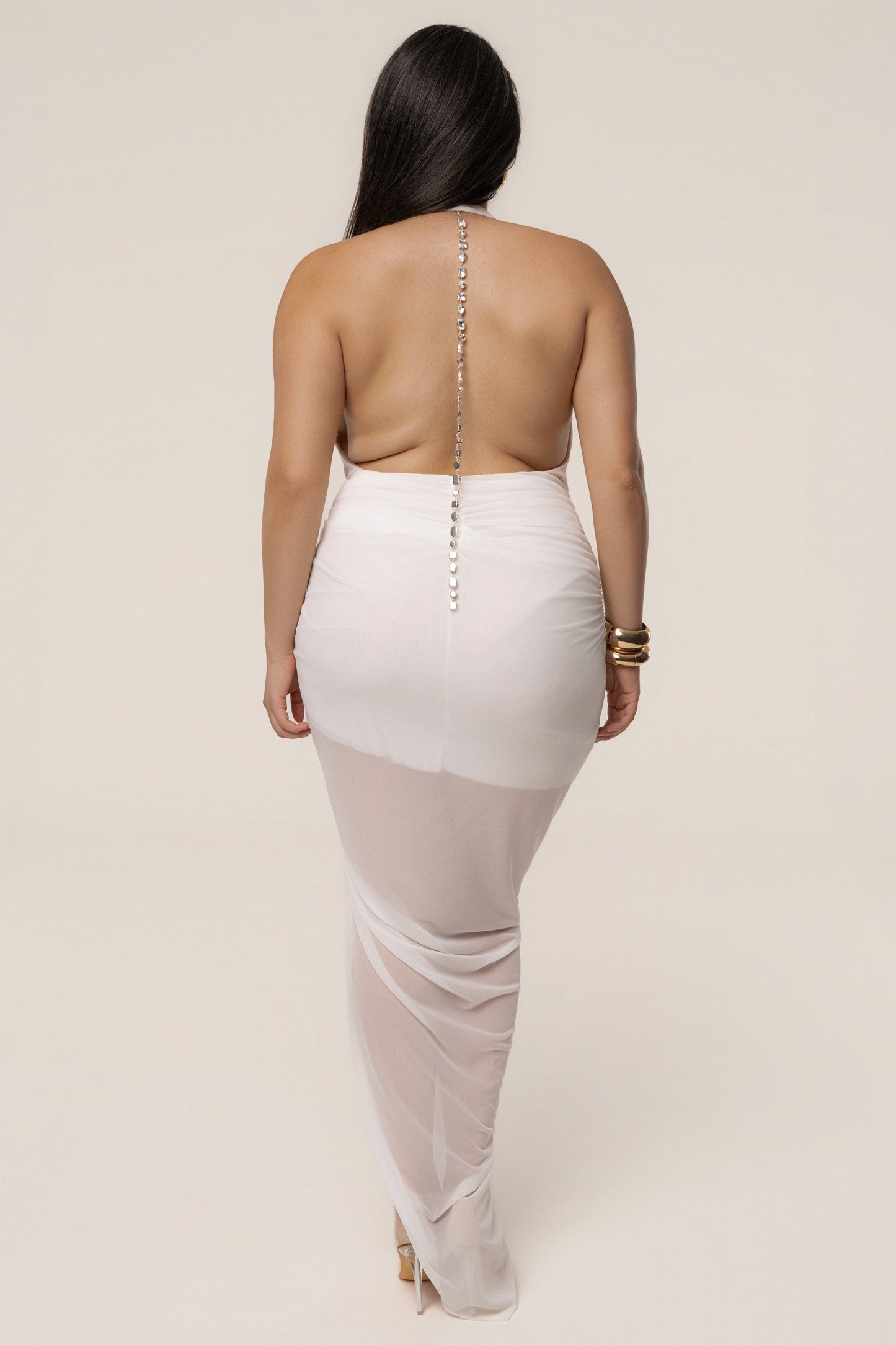 White Ariana Plunge Halter Dress JLUXLABEL