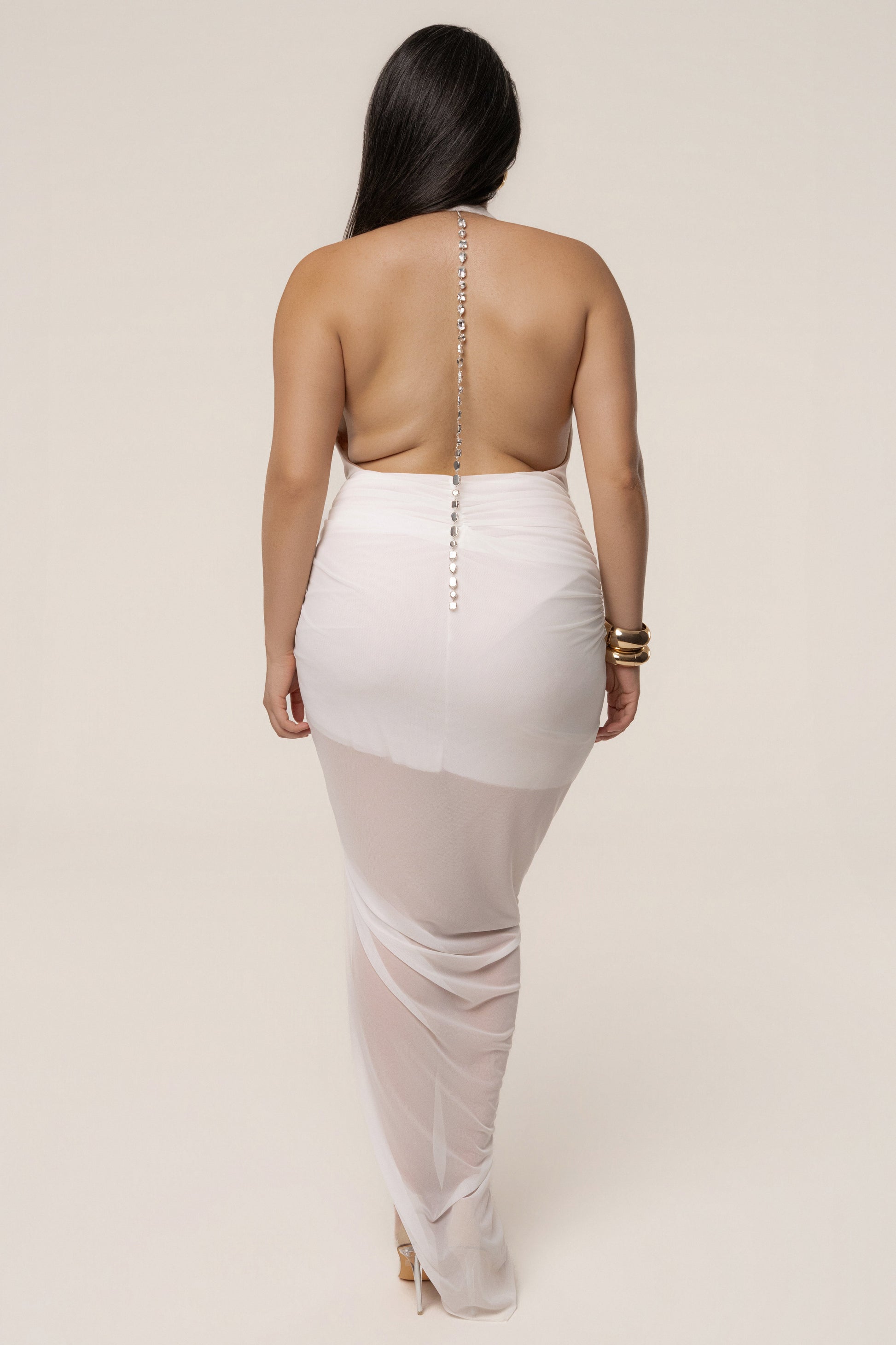 White Ariana Plunge Halter Dress JLUXLABEL