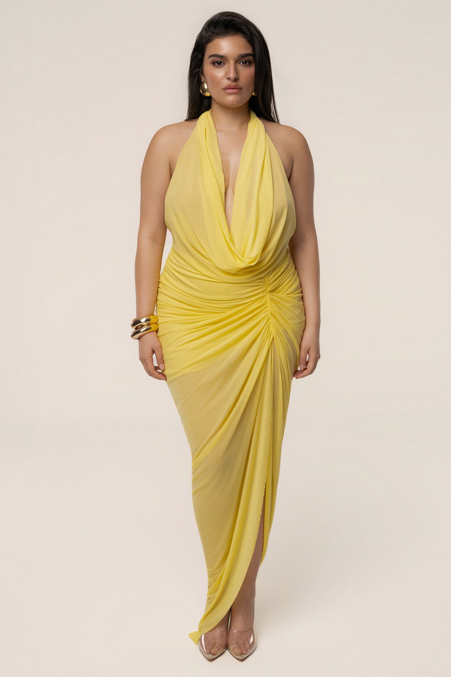 Yellow Ariana Plunge Halter Dress JLUXLABEL