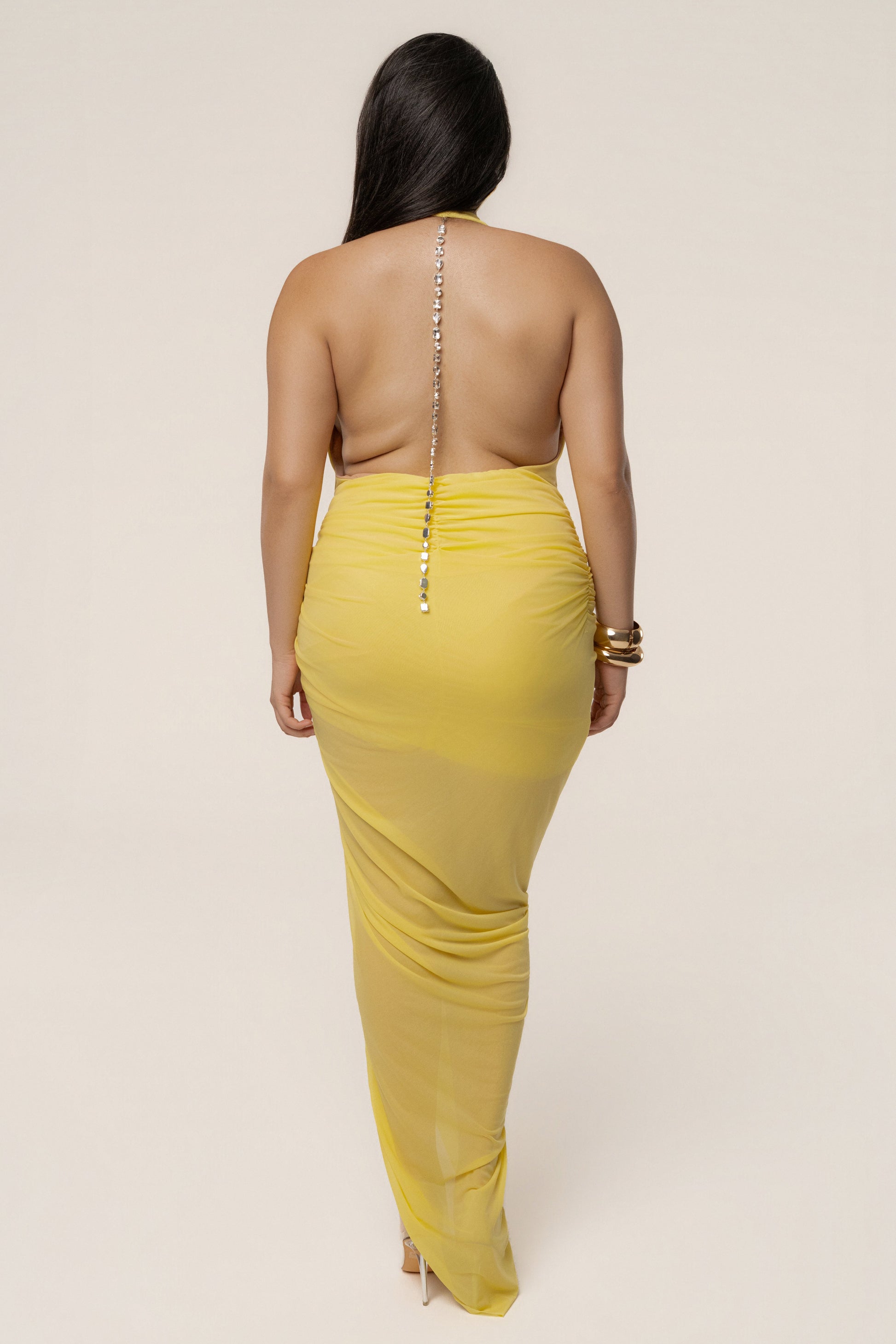 Yellow Ariana Plunge Halter Dress JLUXLABEL