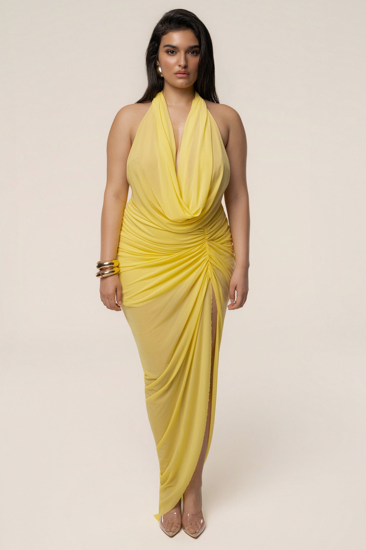Yellow Ariana Plunge Halter Dress JLUXLABEL