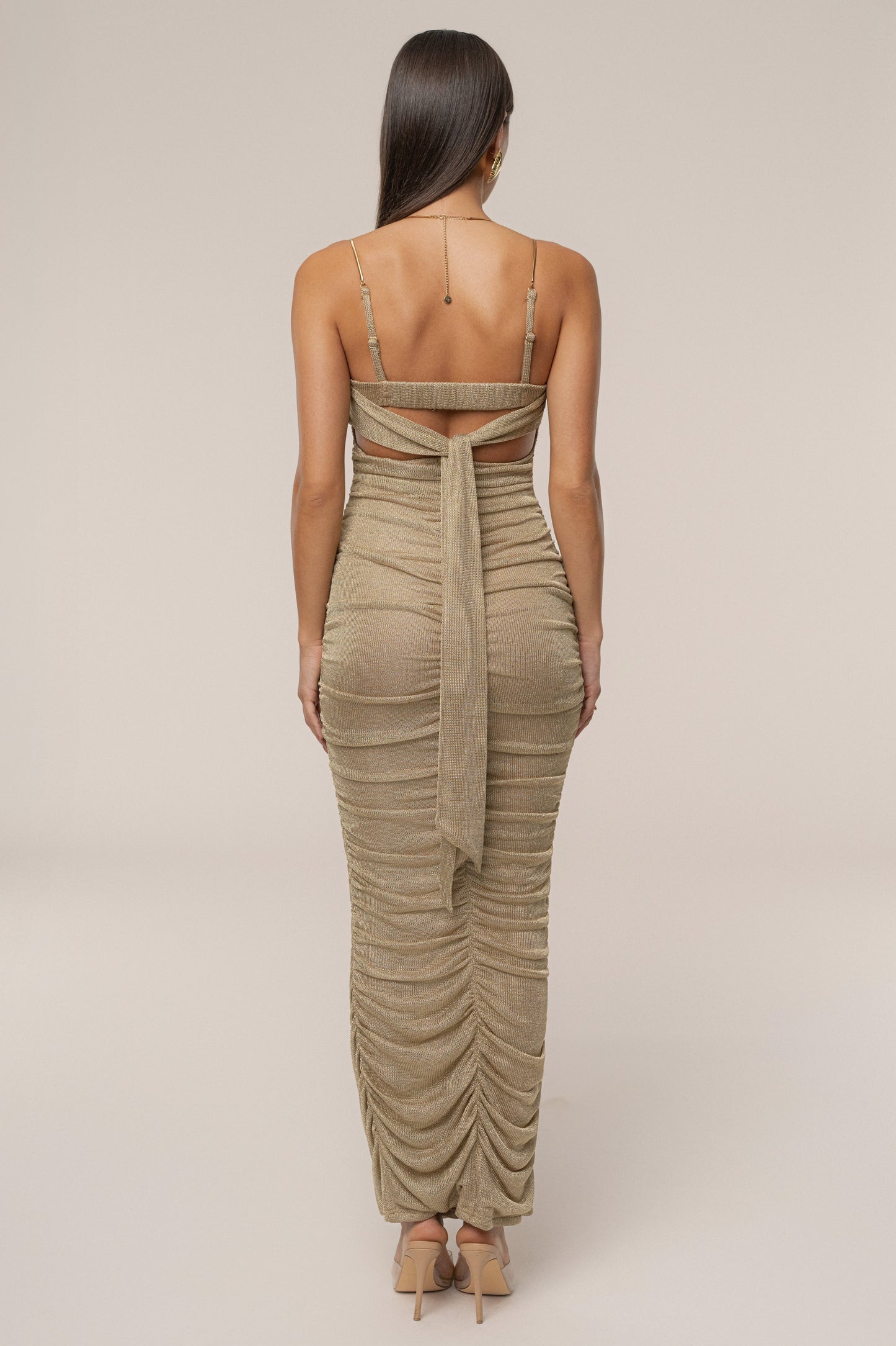 Gold Ruched Metallic Maxi Dress