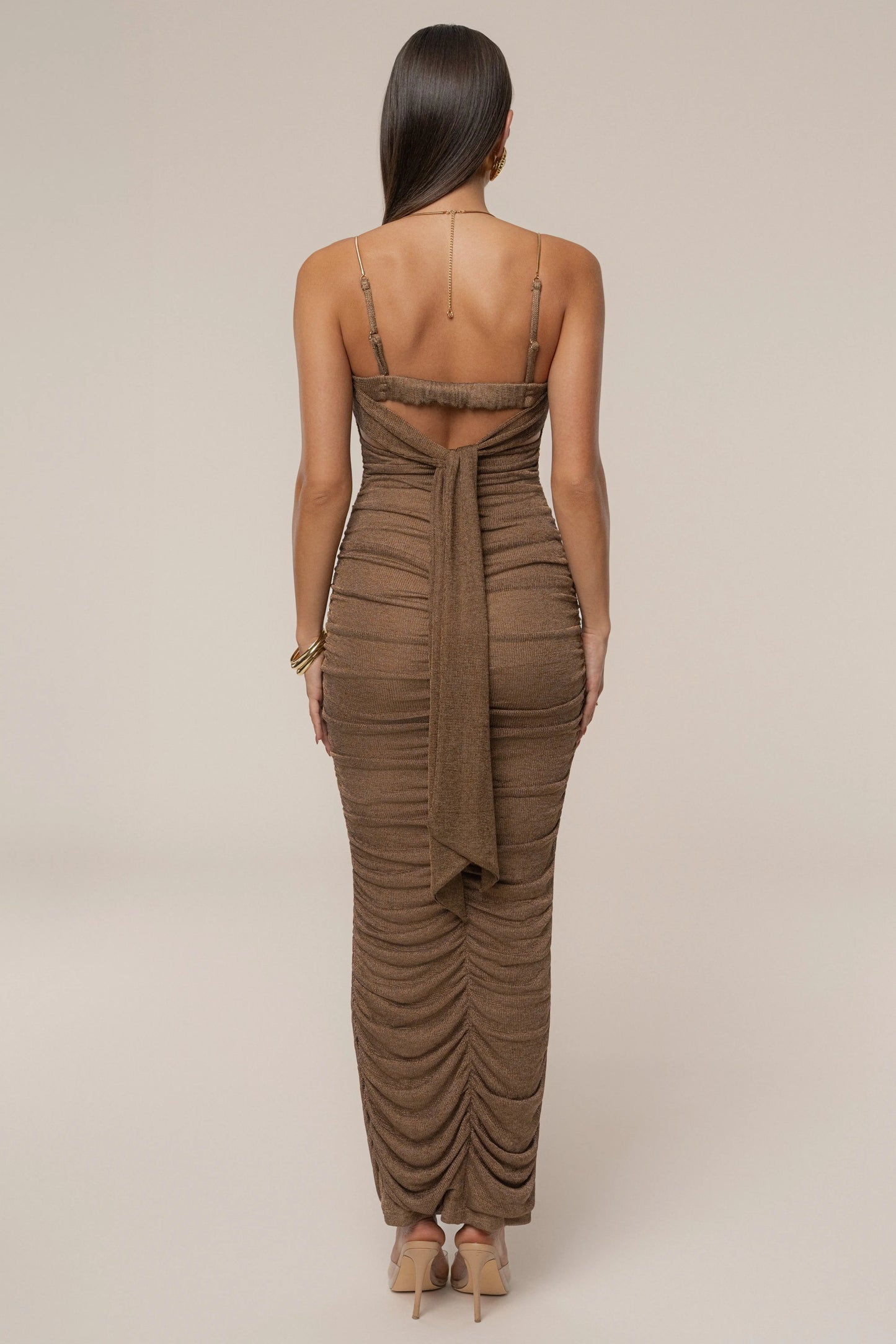 Bronze Ruched Metallic Maxi Dress JLUXLABEL