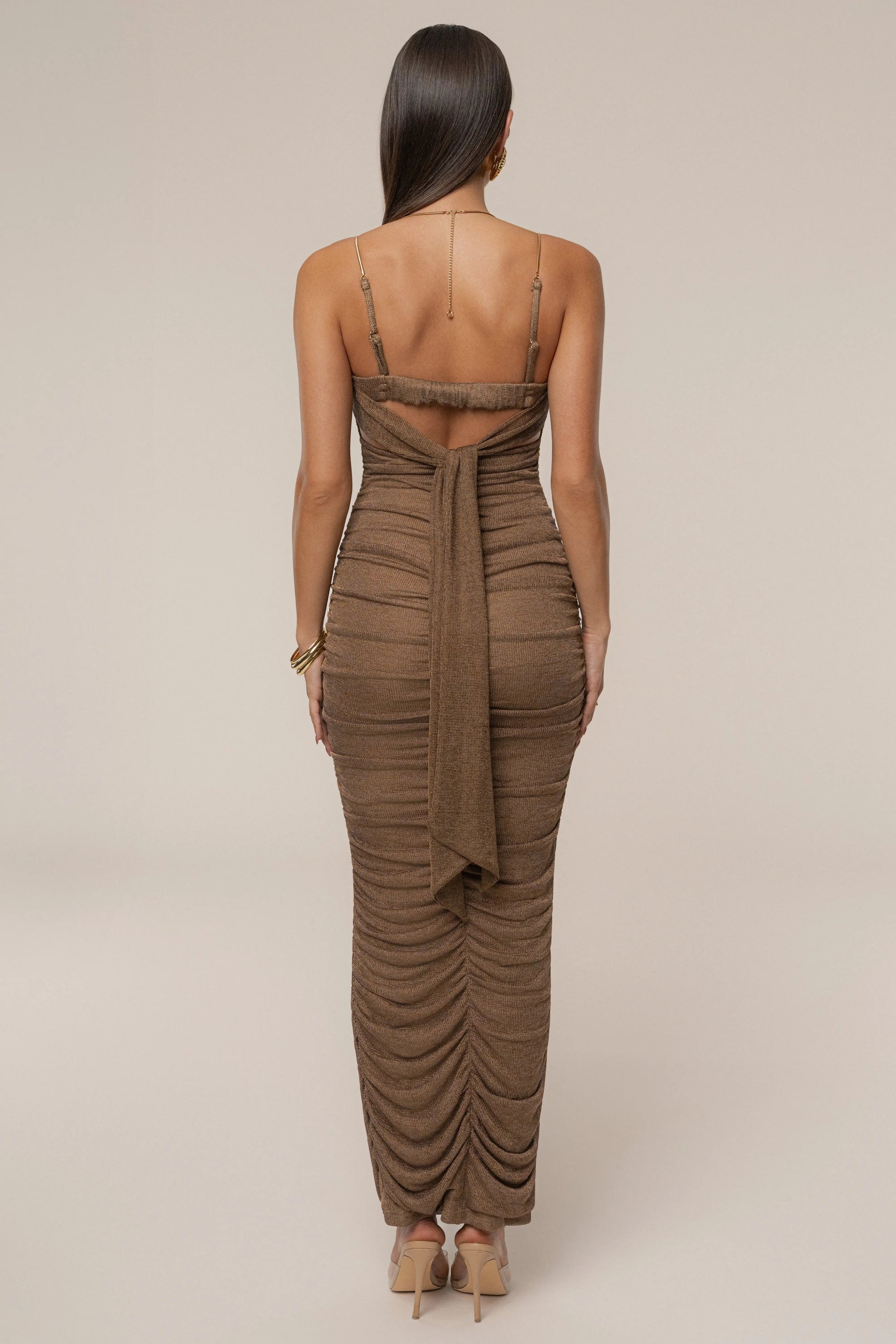 Bronze Ruched Metallic Maxi Dress JLUXLABEL