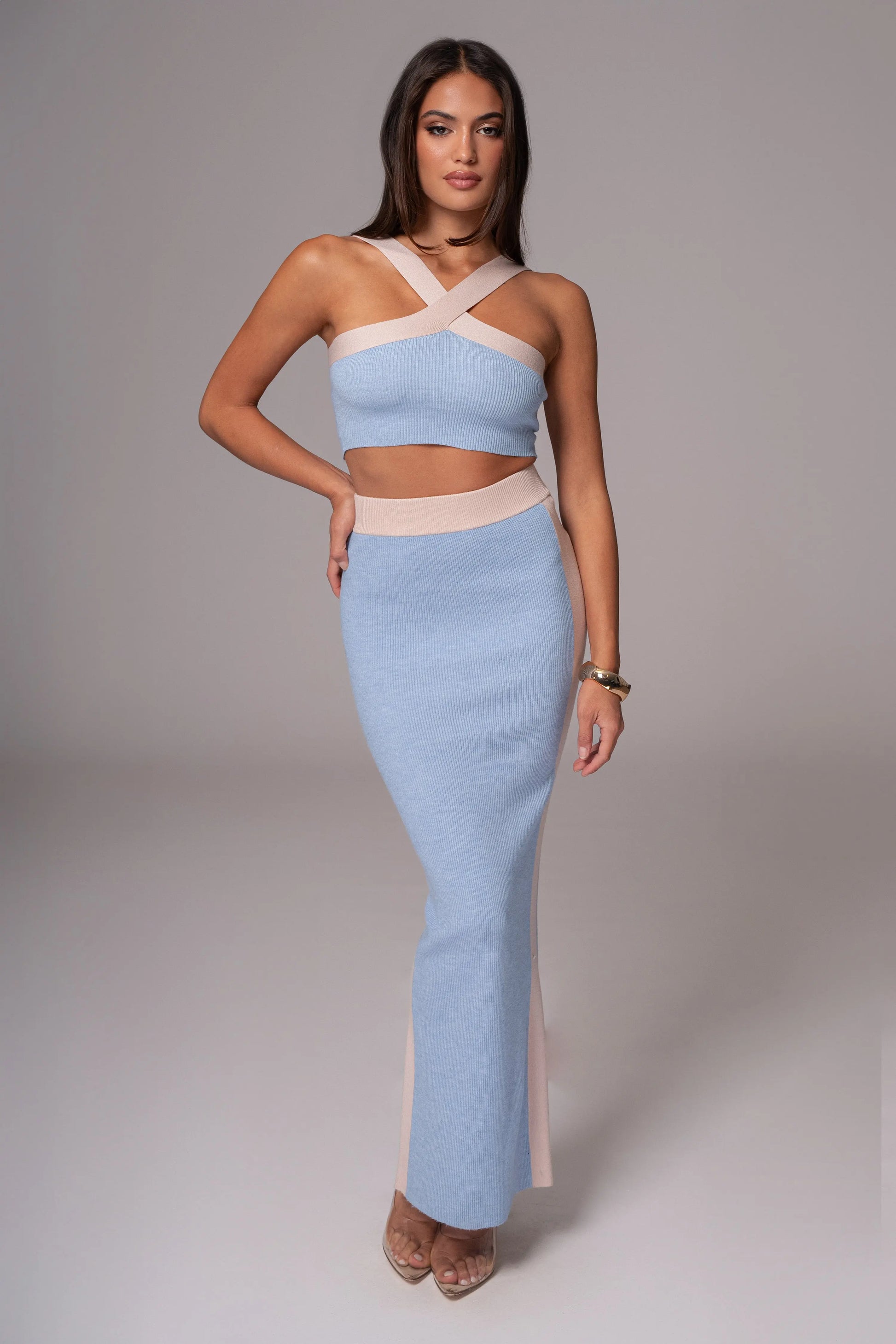Blue/Beige Heartbreaker Two-Piece Skirt Set JLUXLABEL