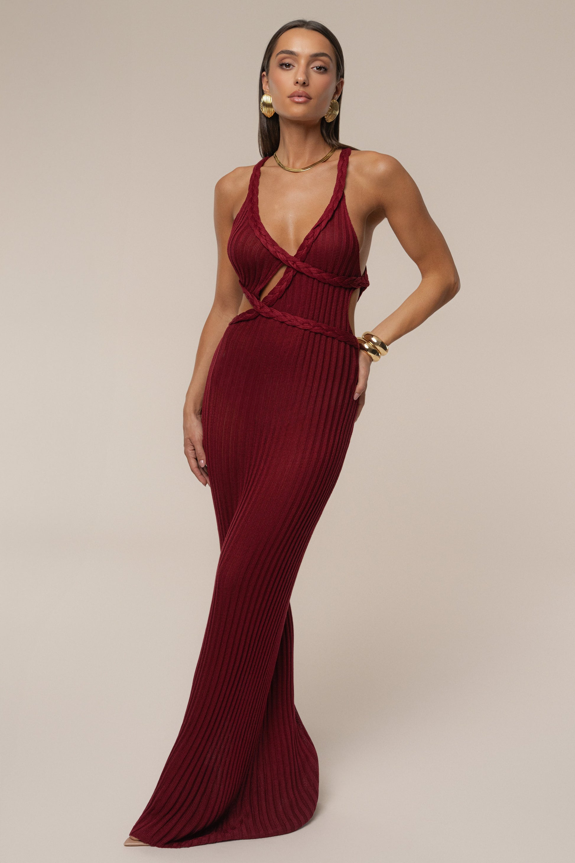 Burgundy Drift And Dream Braided Maxi Dress JLUXLABEL
