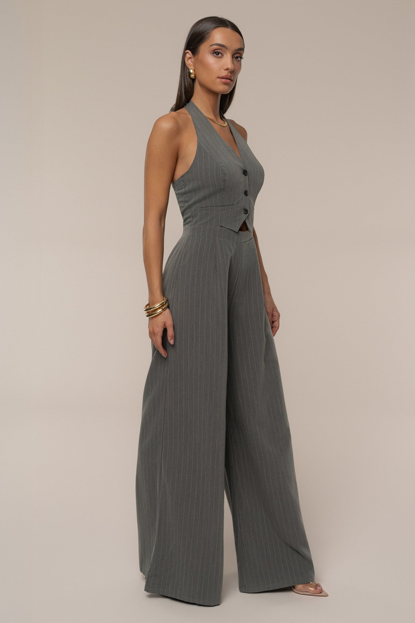 Grey Classic Pinstriped Jumpsuit