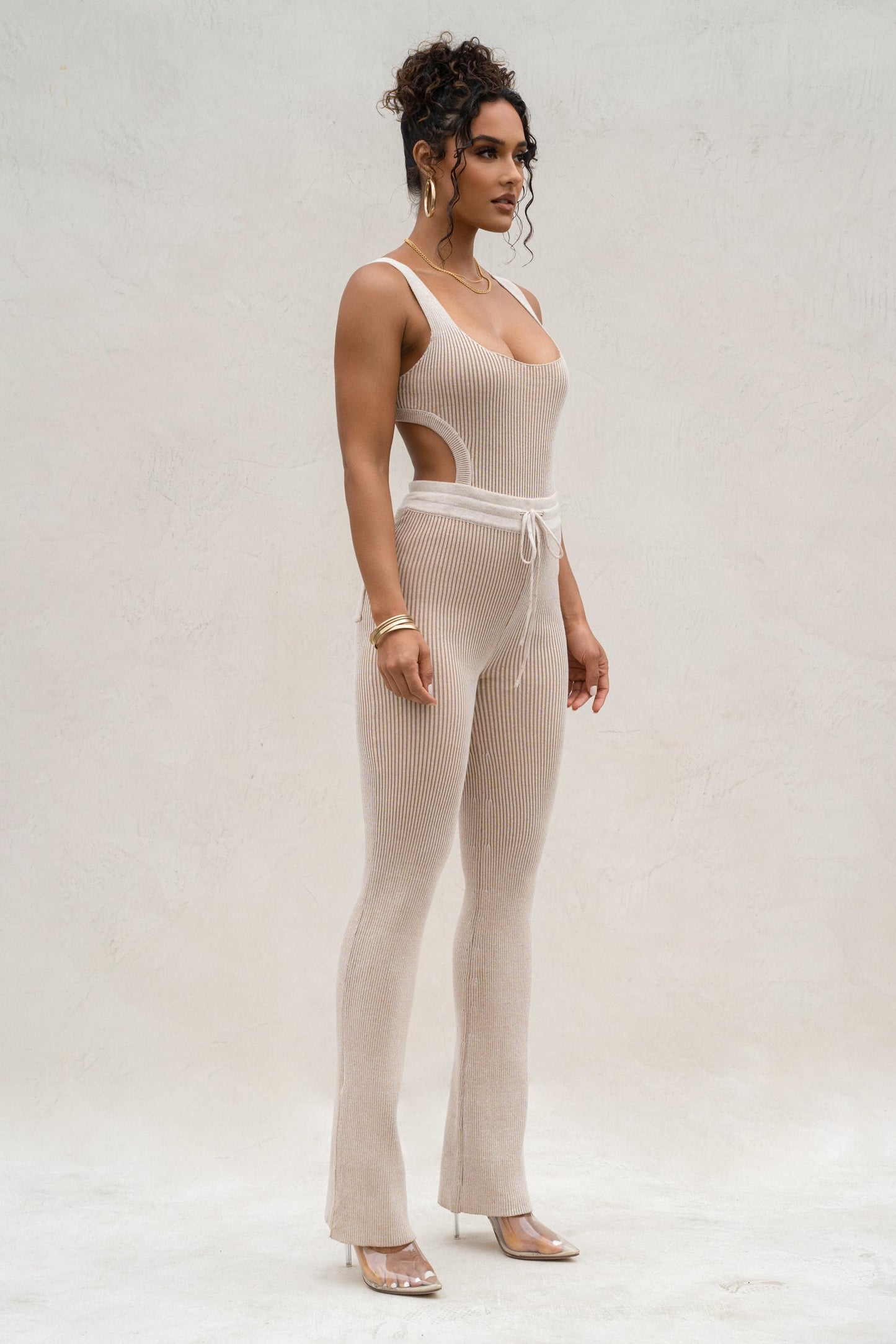 Taupe/White Deana Ribbed Bodysuit
