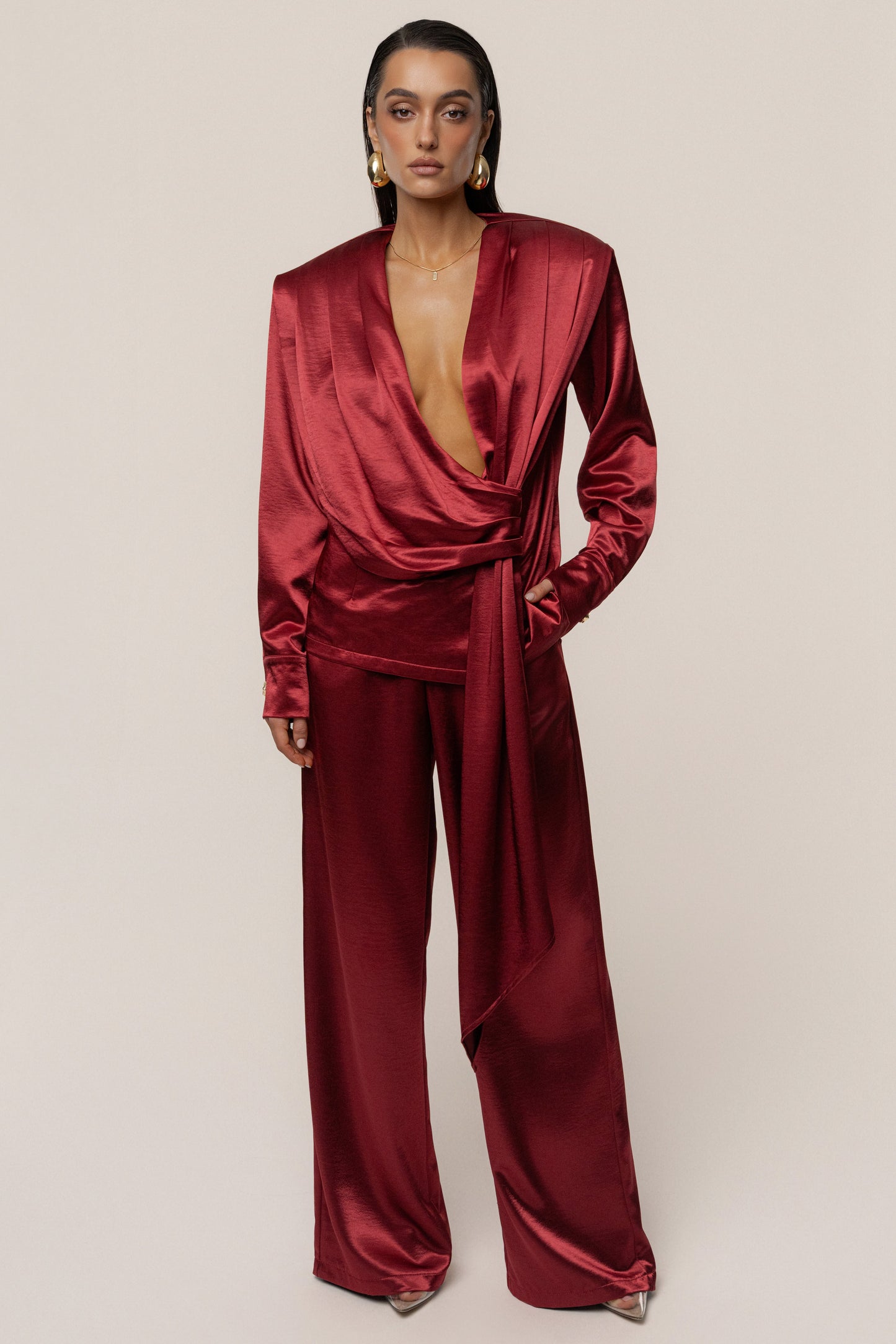 Burgundy Statement Draped Satin Top