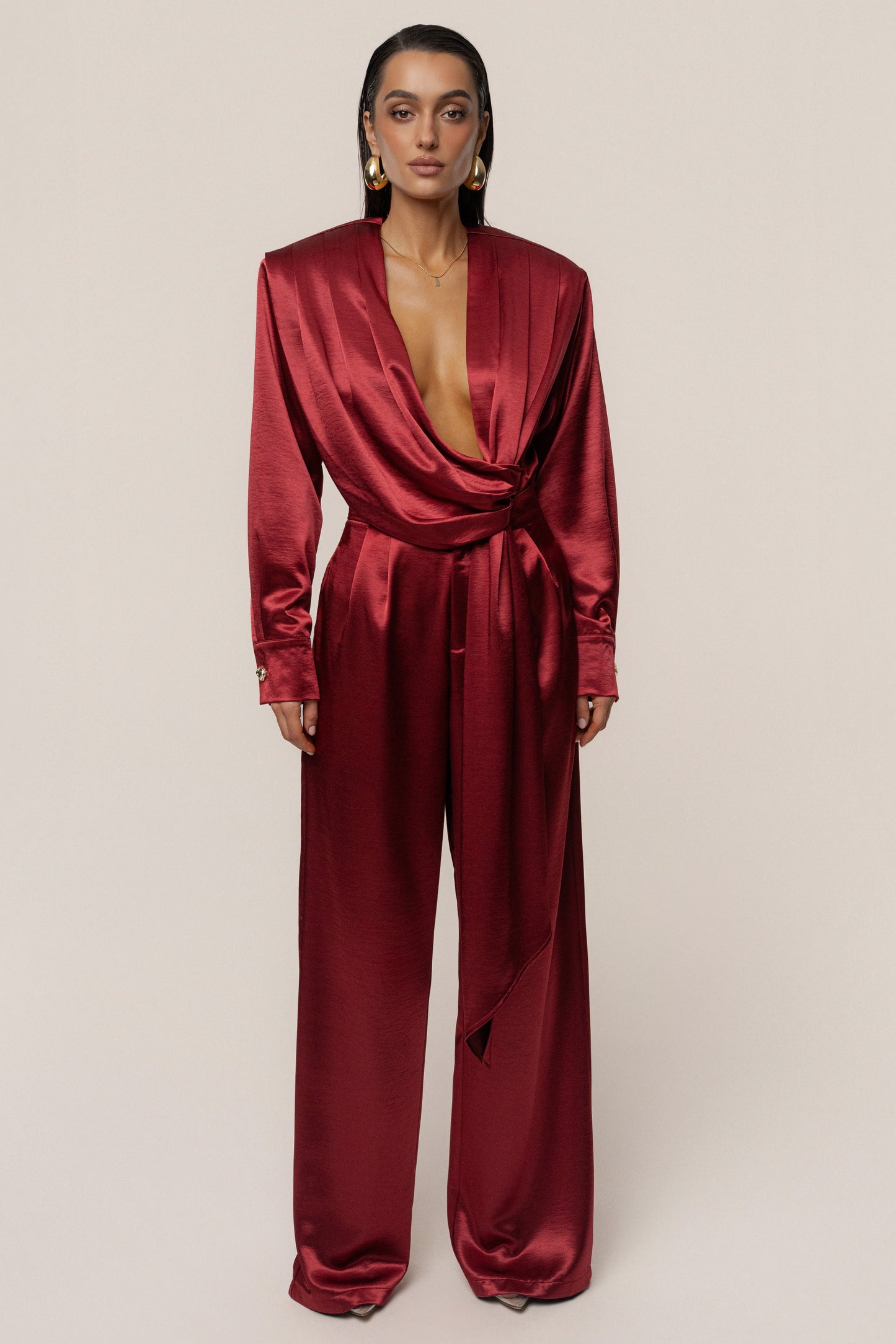 Burgundy Statement Draped Satin Top
