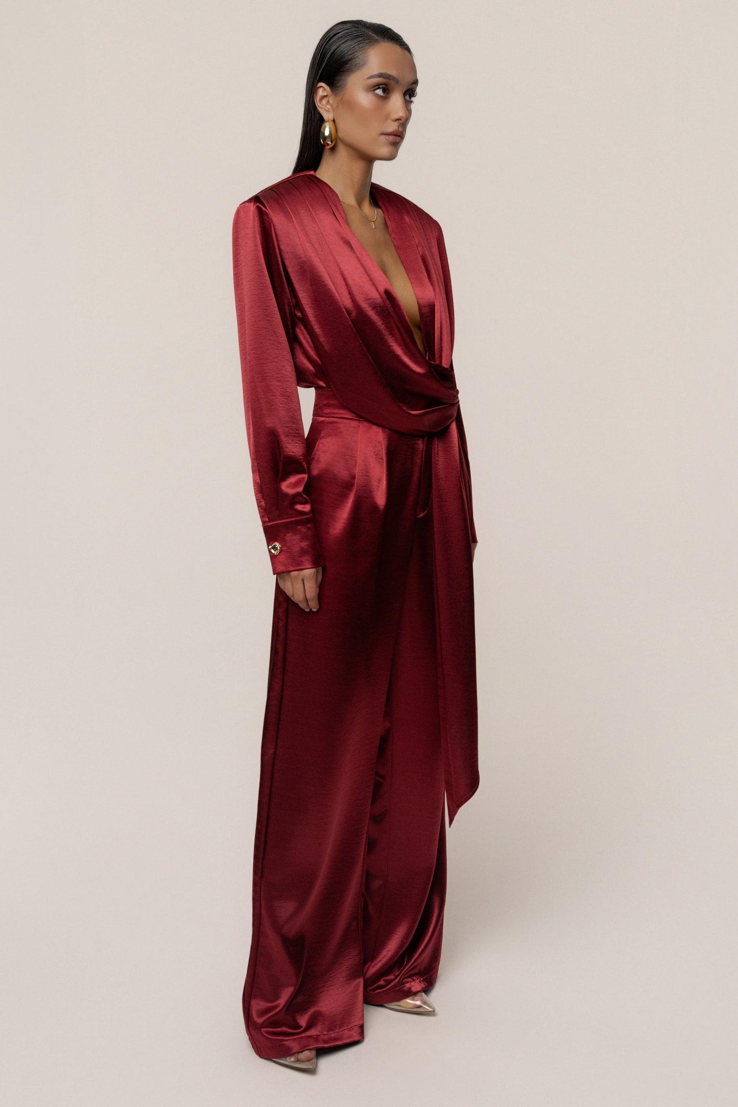 Burgundy Statement Draped Satin Top
