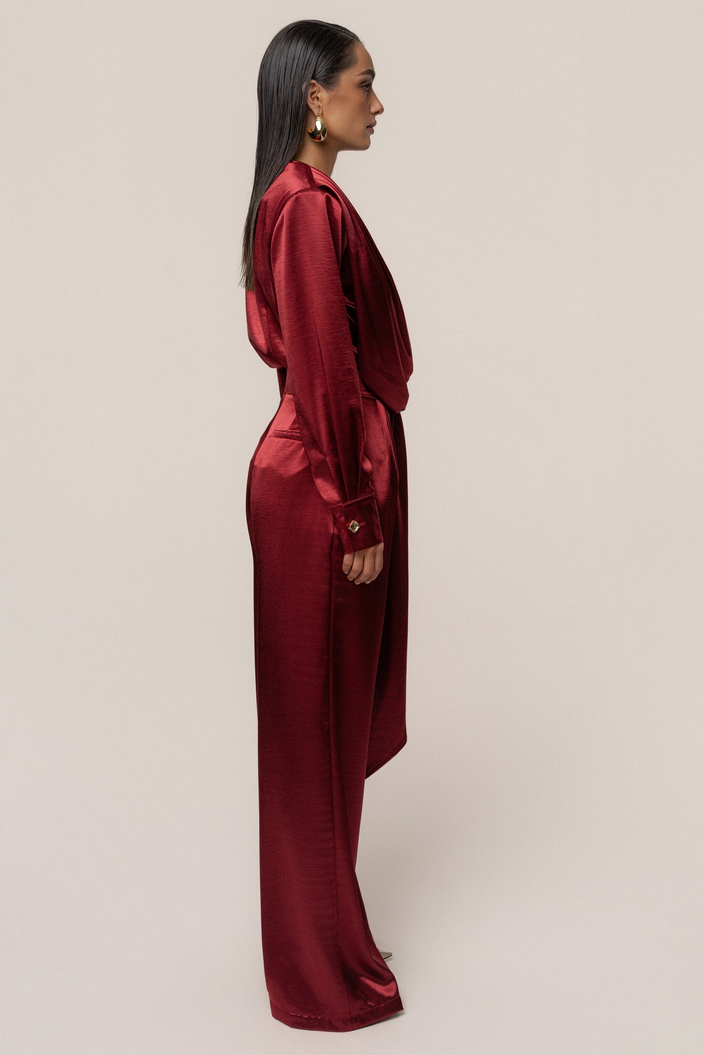 Burgundy Statement Draped Satin Top