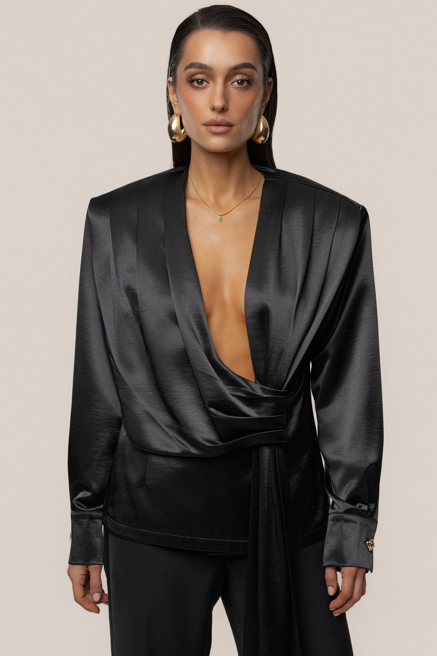 Black Statement Draped Satin Top