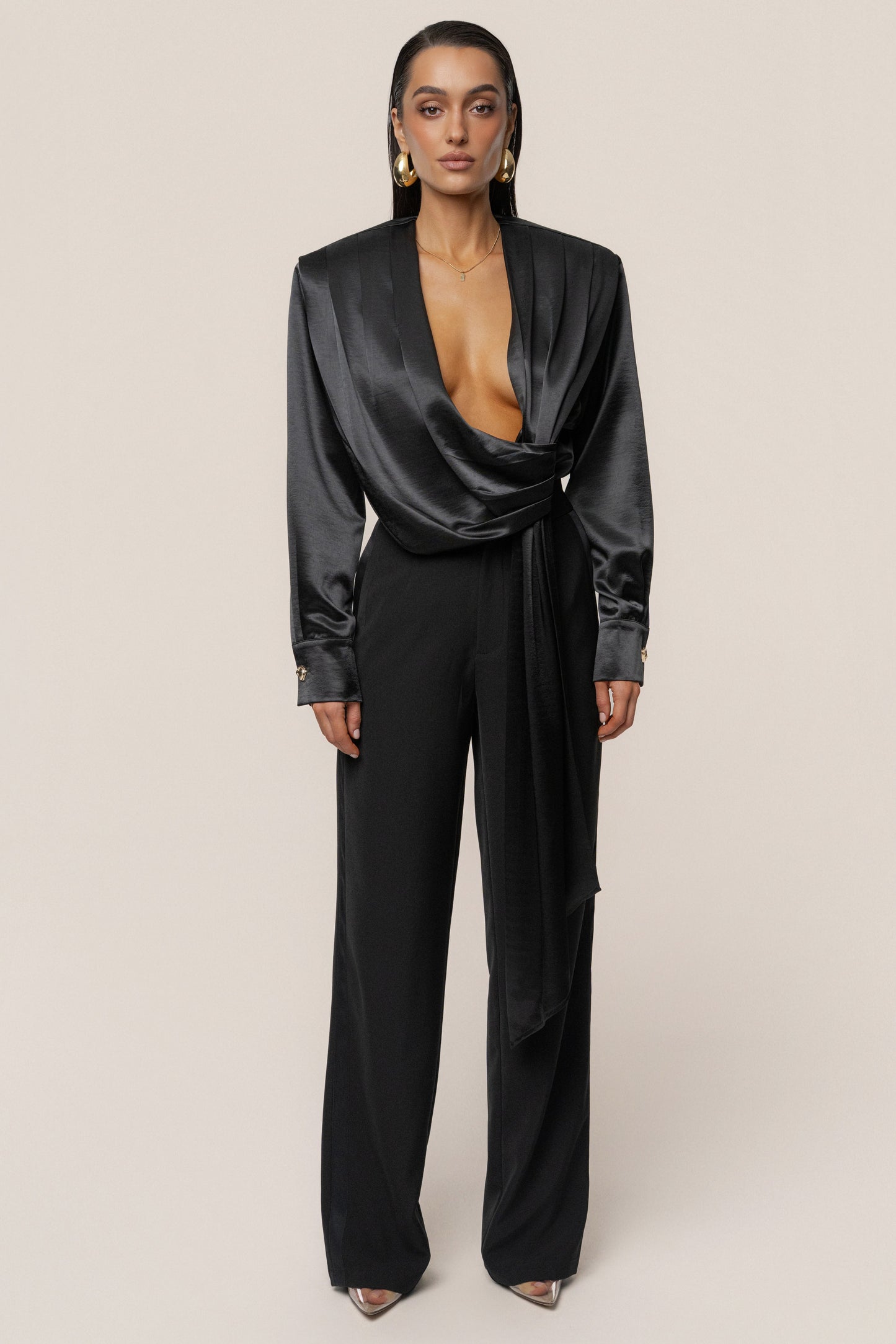 Black Statement Draped Satin Top