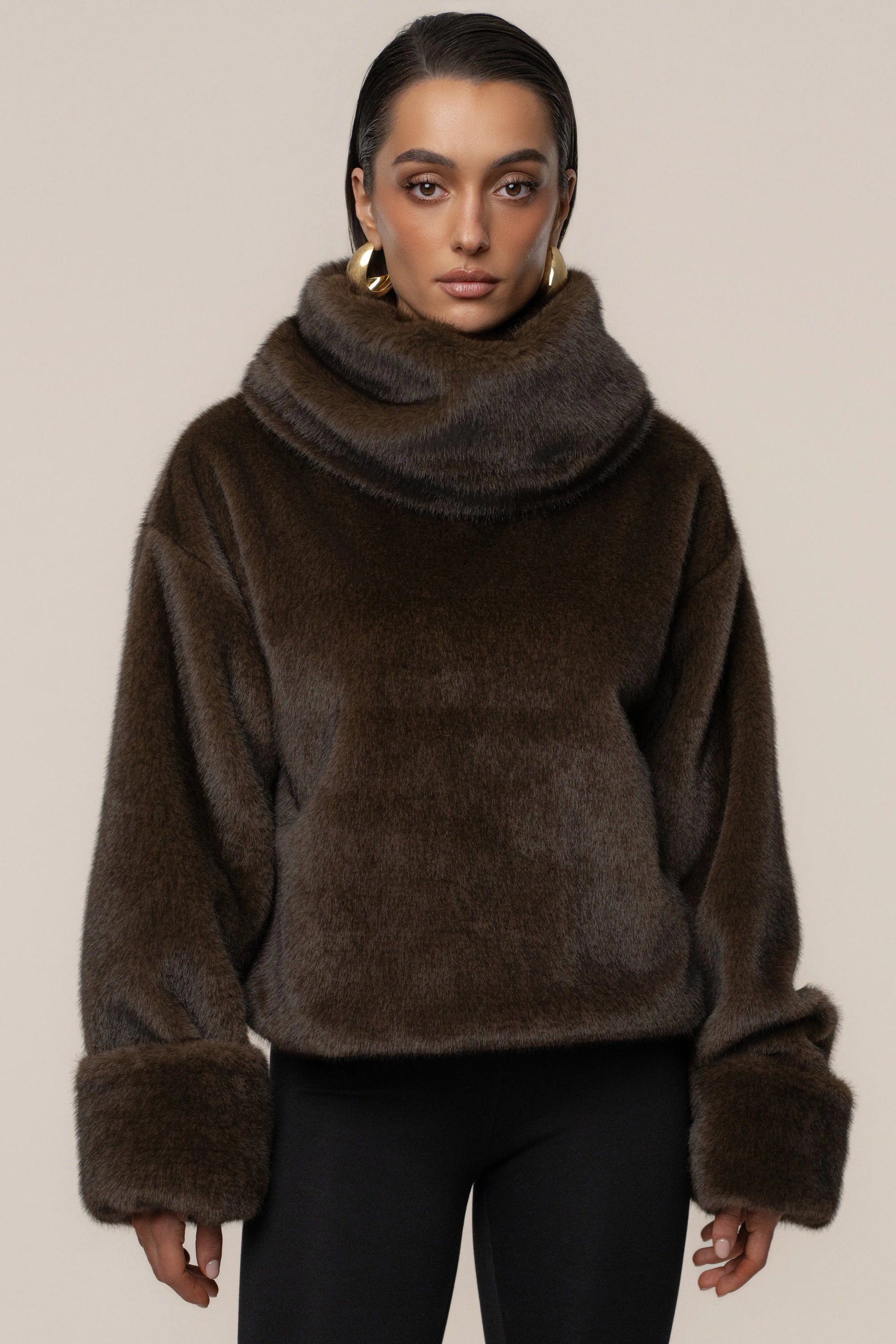Brown Polished Faux Fur Pullover JLUXLABEL