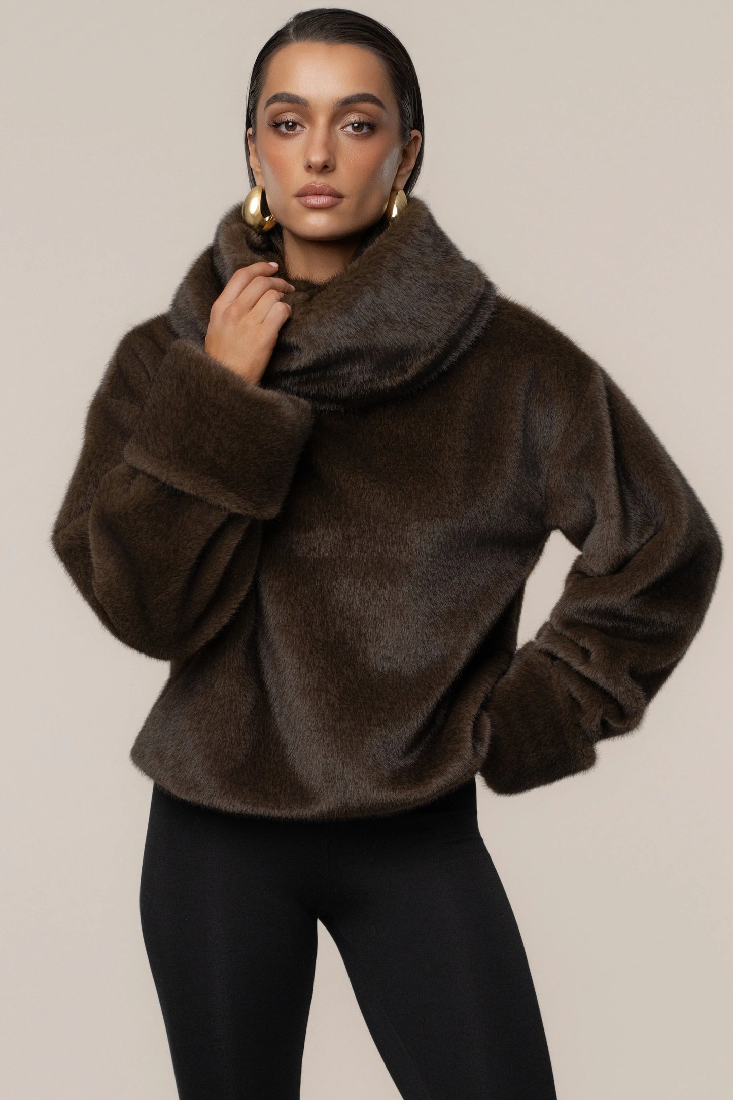 Brown Polished Faux Fur Pullover JLUXLABEL
