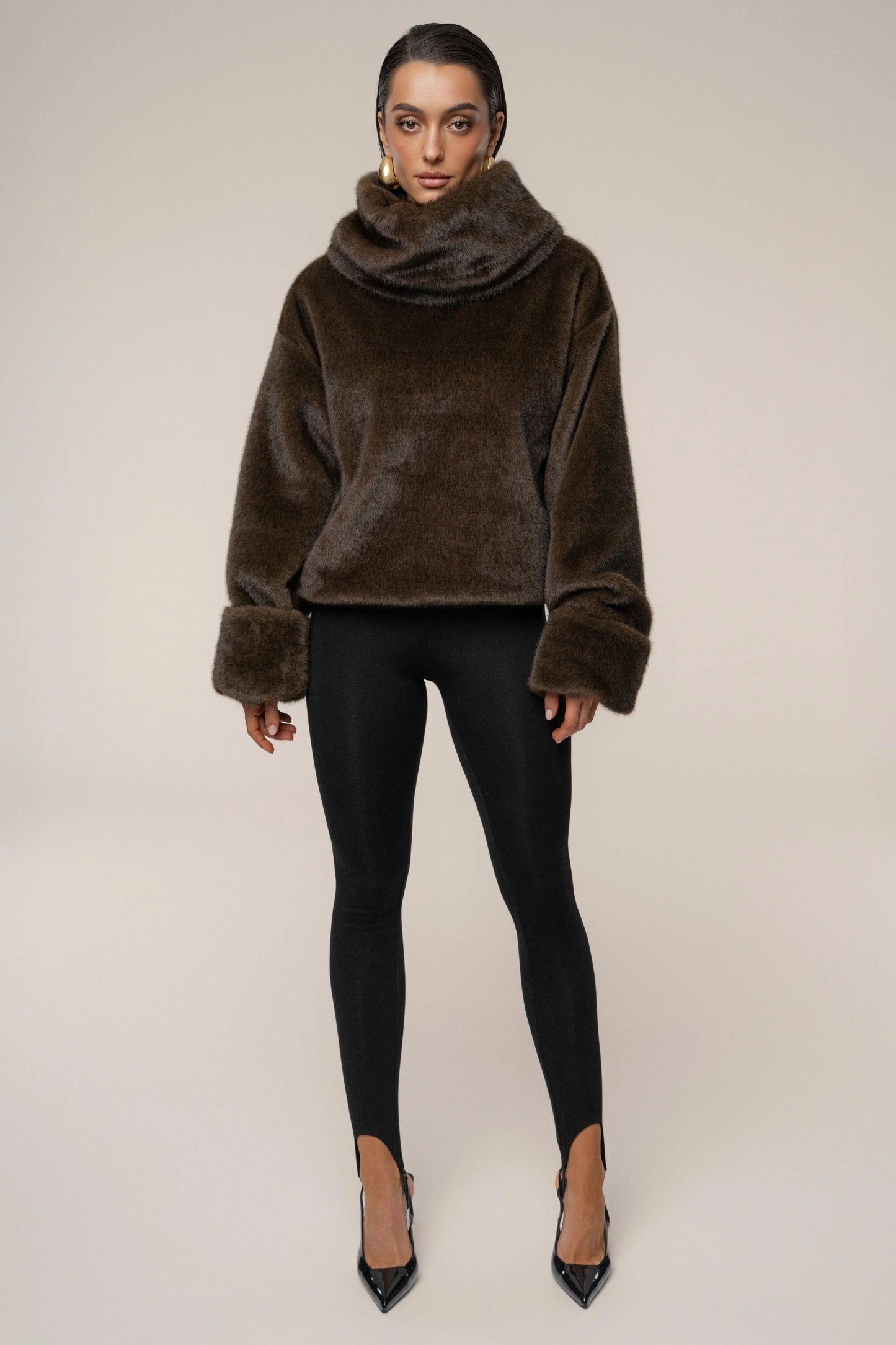 Brown Polished Faux Fur Pullover JLUXLABEL