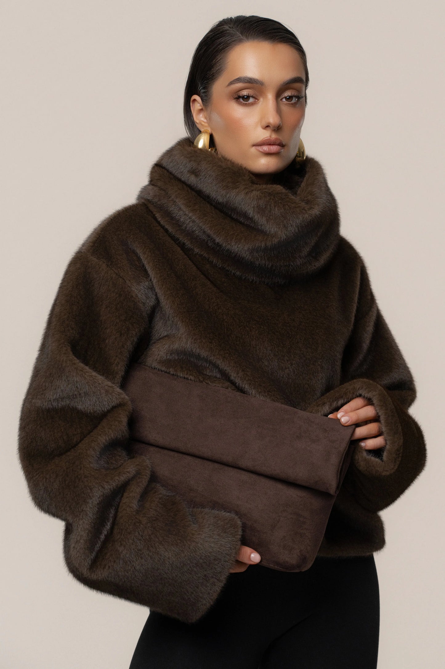 Brown Polished Faux Fur Pullover JLUXLABEL
