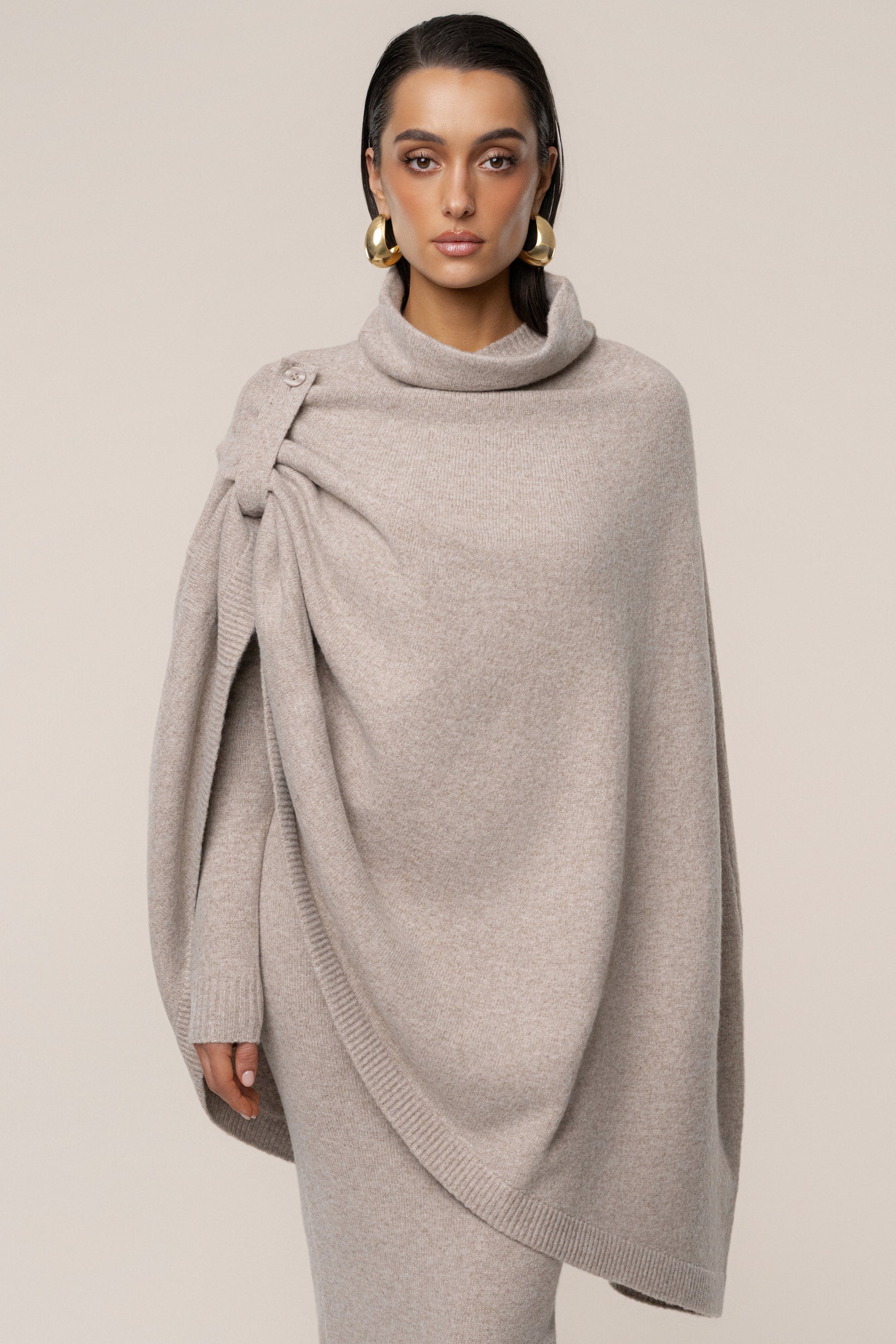 Beige Lodge Bound Turtleneck Shawl JLUXLABEL