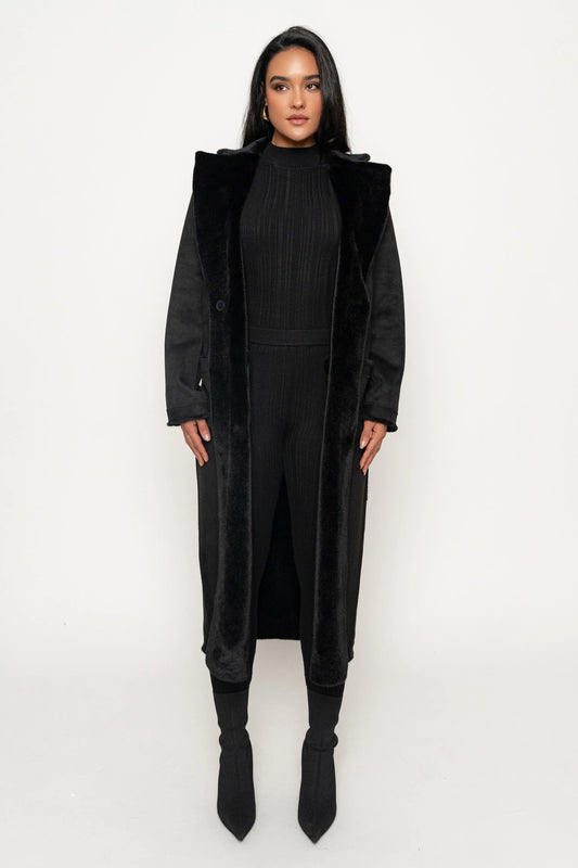 Black Thelma Reversible Suede Coat JLUXLABEL